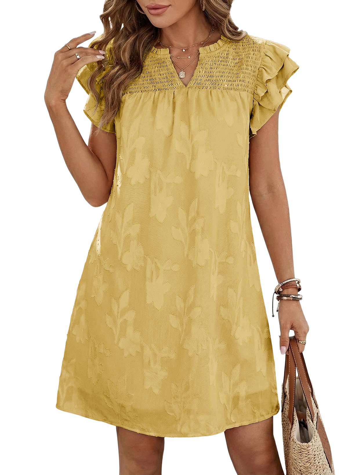 Dokotoo Wedding Guest Dresses for Women Ruffle Short Sleeve V Neck Smocked Floral Burnout Mini Dress Spring Summer Casual Boho Beach Vacation Clothes A Line Swing Sun Dress Plus Size Yellow Large