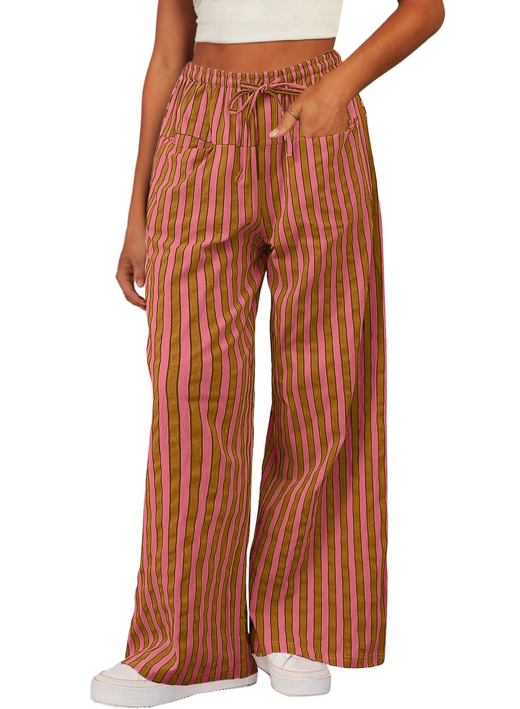 Acelitt Women Casual Striped Color Block Pants Drawstring Elastic Waist 2026 Winter Fashion Comfy Loose Low Rise Wide Leg Pants Trousers Red XXL