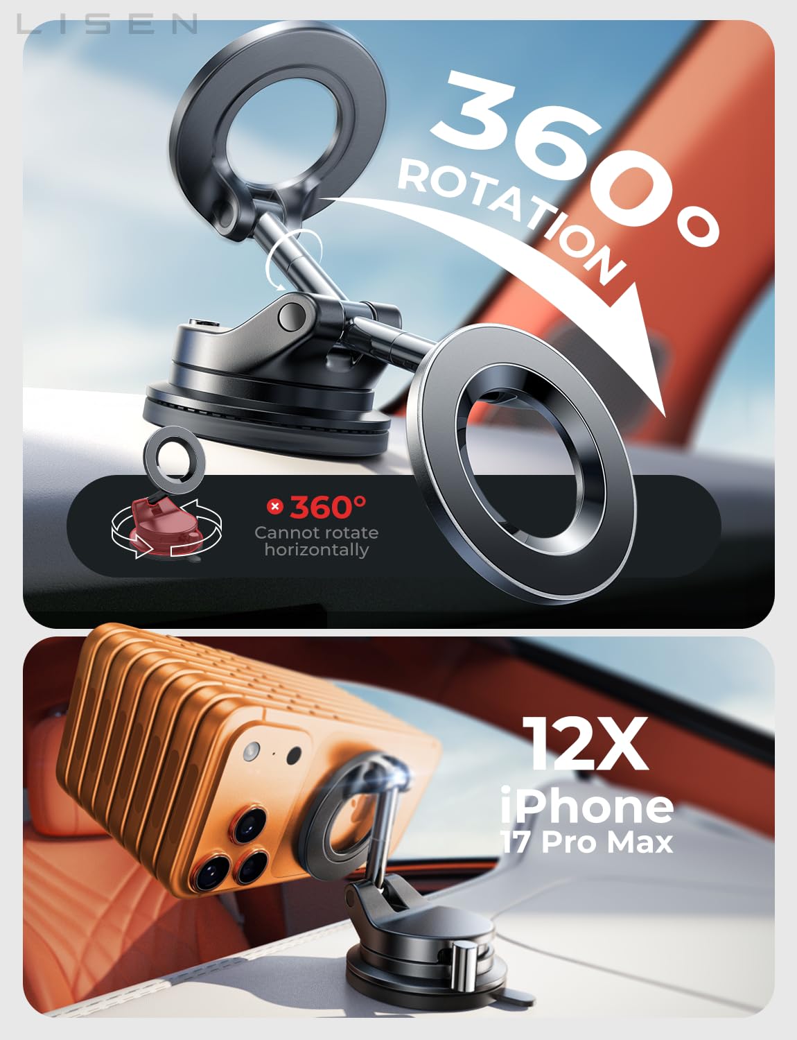 LISEN for Magsafe Car Mount, Magnetic Phone Holders for Your Car, Magnet Vacuum Phone Mount for Car Accessories for Women Men Interior Jeep Truck, SuctionPro Gift Kits, for iPhone 17 Pro Max 16 15 14