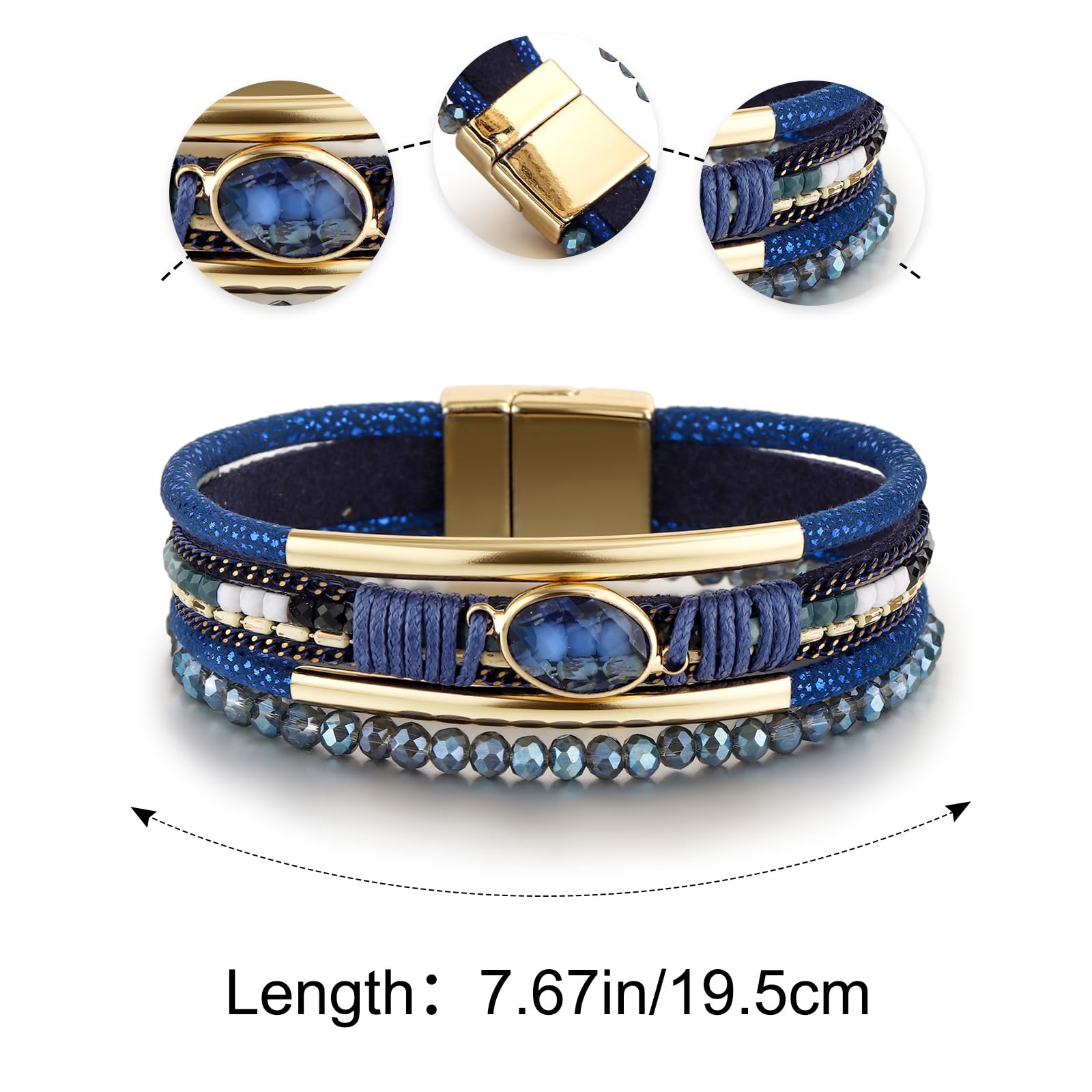 Edoneery Leather Wrap Bracelet for Women, Boho Handmade Multi-Layer Cuff with Crystal Beads Heart, Stackable Bangle Western Jewelry Gift(Crystal(Blue))