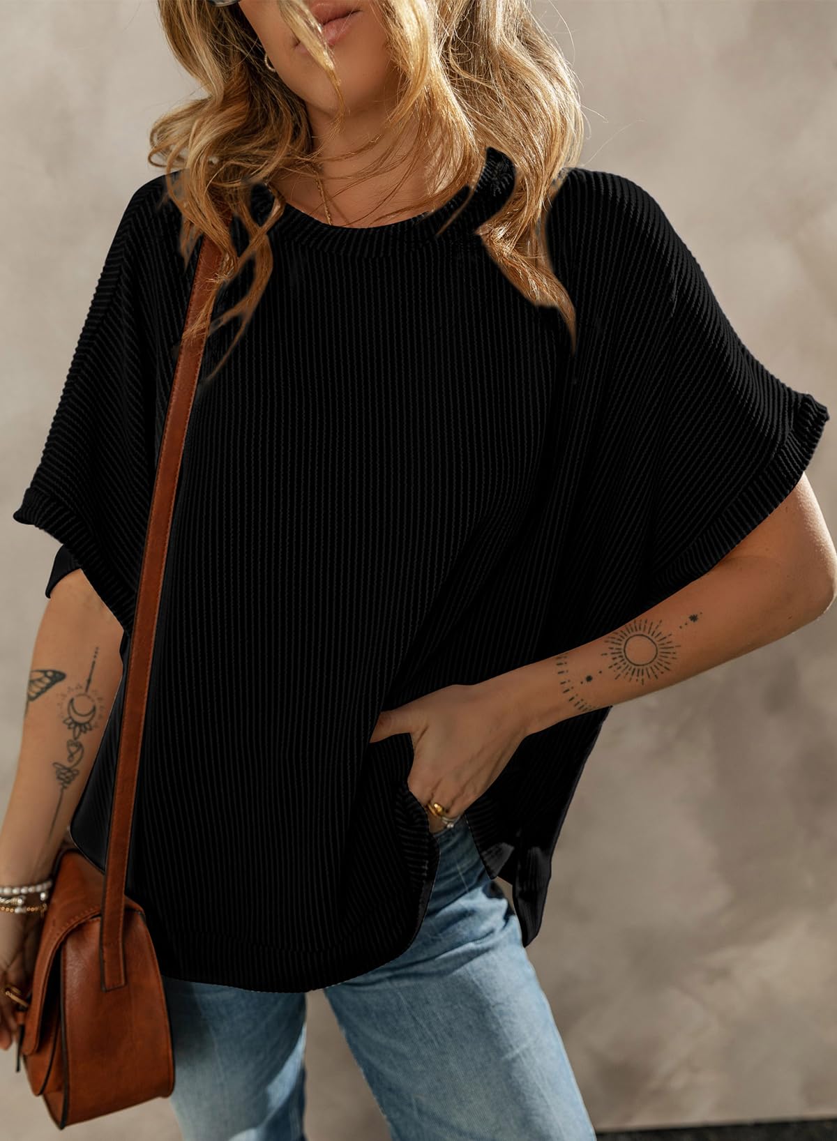 Dokotoo Womens Ladies Plus Size Tops for Women 2026 Fashion Summer Short Sleeve Solid Casual T-Shirts Work Business Loose Tee Shirts Texture Waffle Knit Tunic Top Blouses Black XX-Large