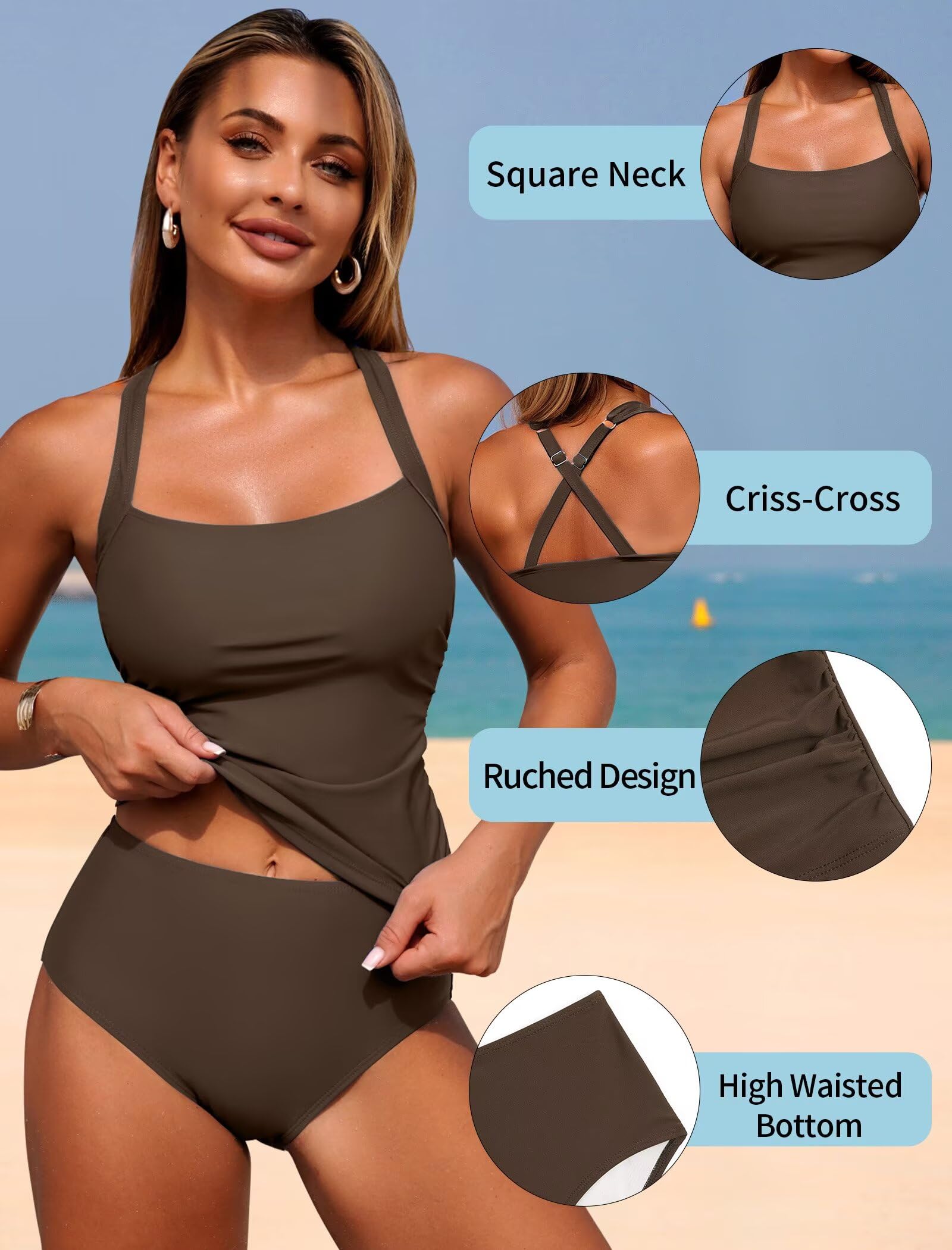 ZAFUL Swim Suit for Women 2026 Two Piece Swimsuit Womens Tankini Bathing Suits Tummy Control High Waist Swimwear for Women Brown S