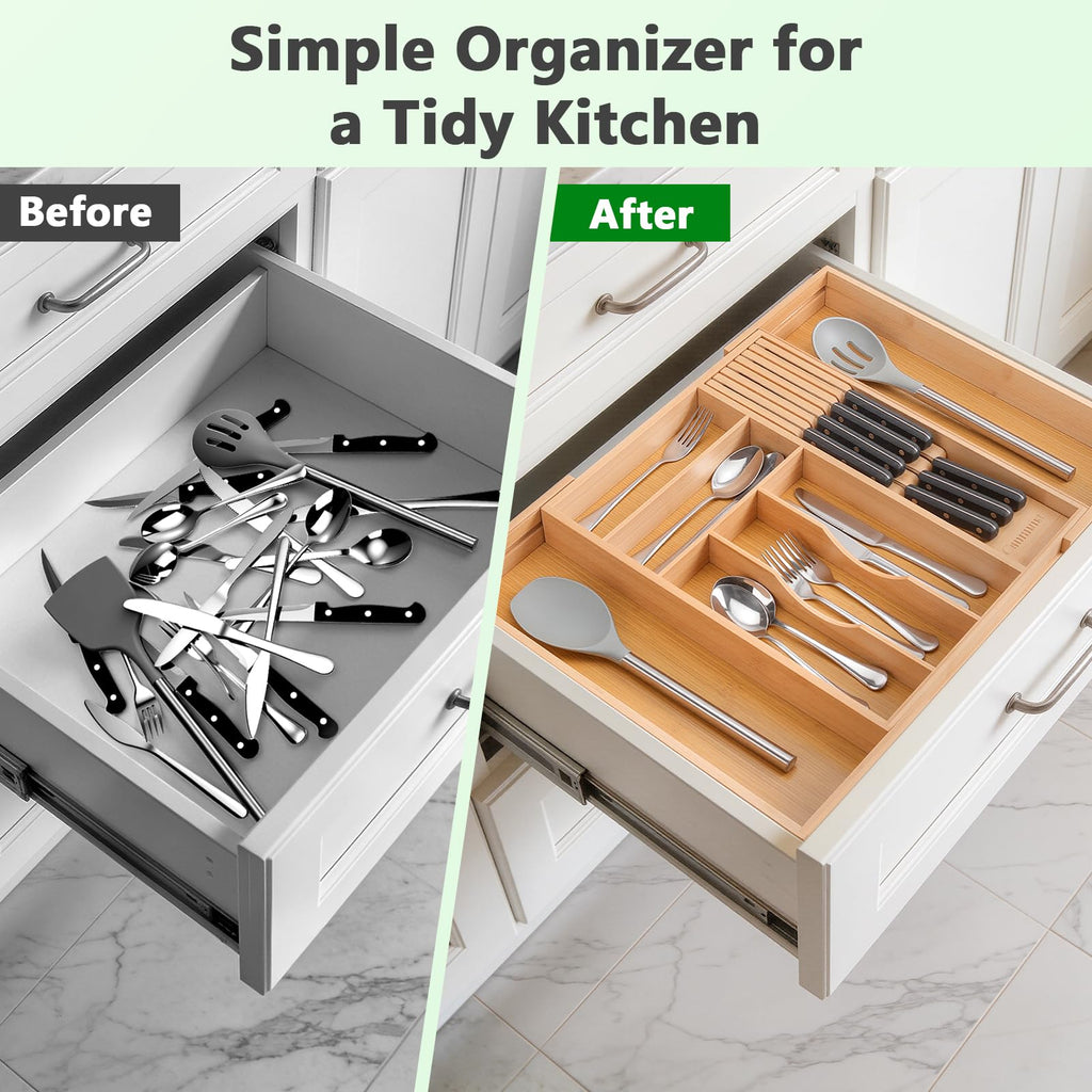Csoravist 9-Piece Bamboo Kitchen Drawer Organizer Set, Expandable Silverware &Utensil Organizer with Removable Knife Block & Steak Knives, Flatware Organization, Tableware Dividers Storage(Natural)