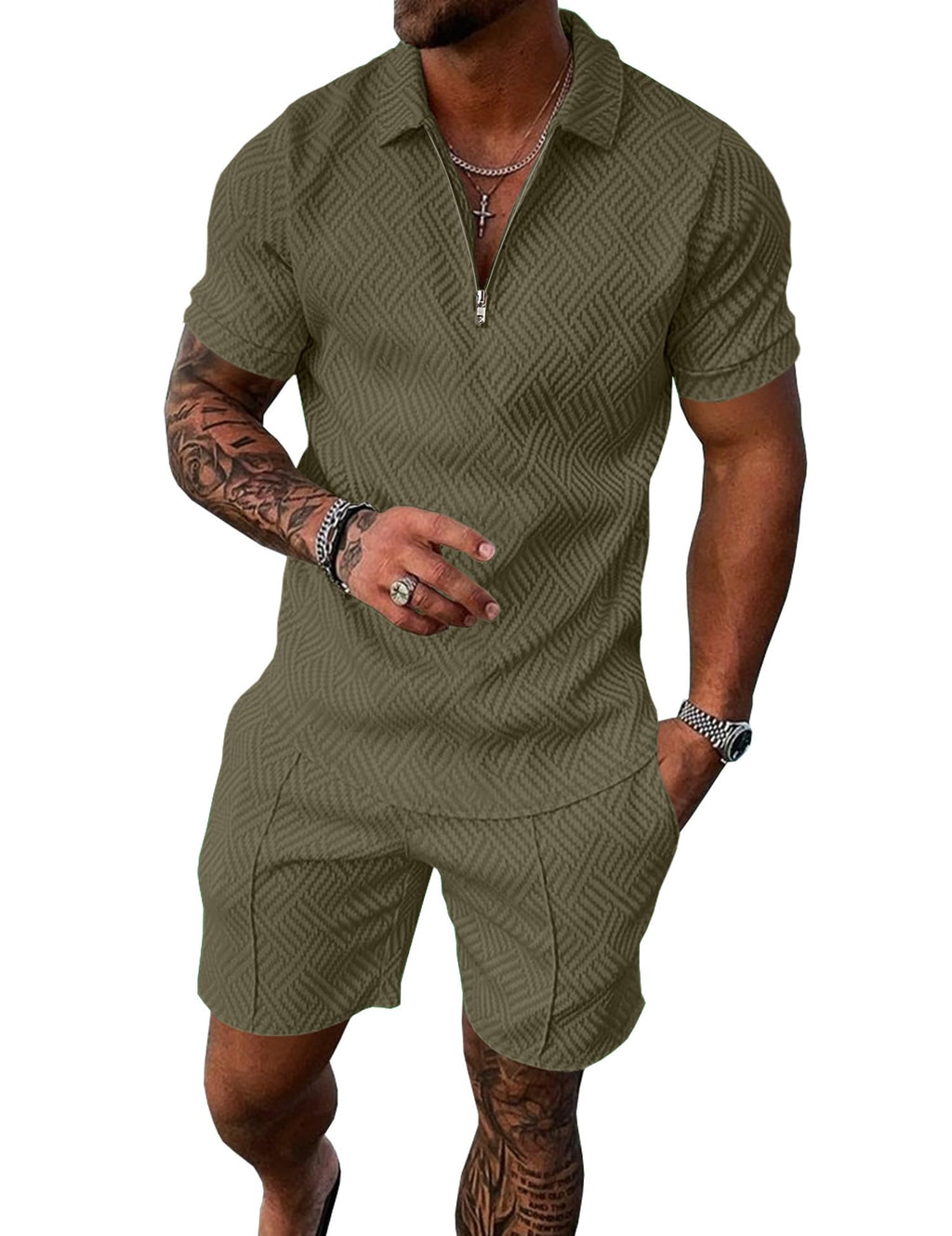 UOUA Mens Track Suits 2 Piece Sets Summer Outfits Short Sleeve Quarter Zip Golf Polo Shirts & Shorts Loungewear Casual Sweatsuit Army Green M