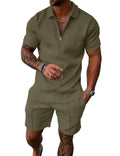 UOUA Mens Track Suits 2 Piece Sets Summer Outfits Short Sleeve Quarter Zip Golf Polo Shirts & Shorts Loungewear Casual Sweatsuit Army Green M