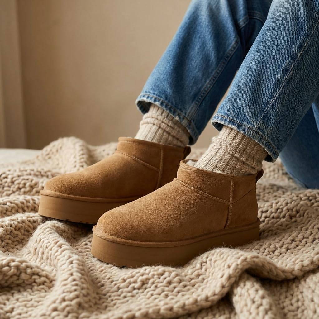 CUSHIONAIRE Hippy Women’s Platform Ankle Boots – Genuine Suede, Faux Fur Lining, Cozy Winter Slip-On Design Mini boots, CHESTNUT 7
