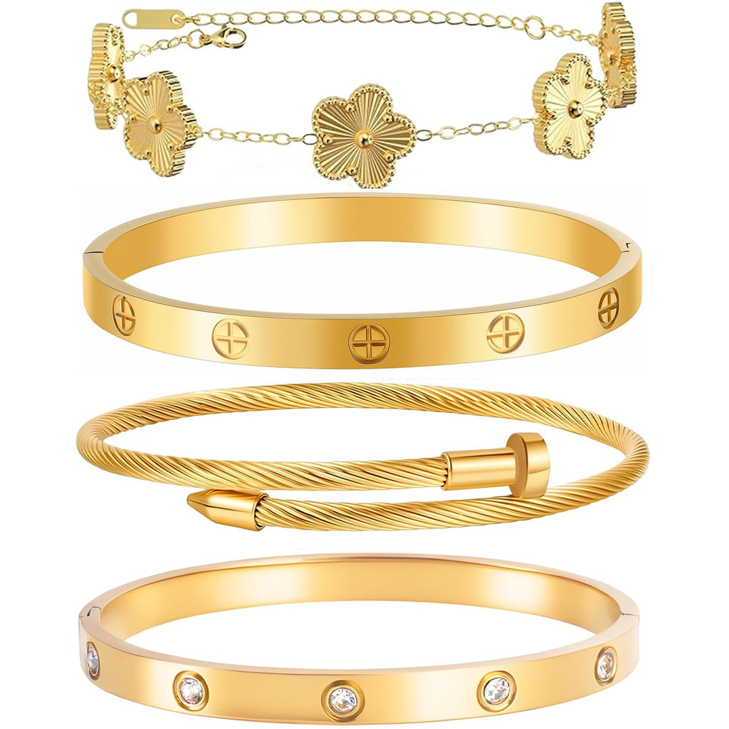 Ntutrxk Gold Bracelets for Women-4Sets,18K Gold Plated Bracelet,Stainless Steel Bangle Bracelets Non Tarnish, Gold Bracelet Set Trendy Jewelry,Christmas Valentines Birthday Gifts Mother's Day