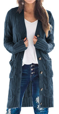PRETTYGARDEN Long Sleeve Cable Knit Long Cardigan for Women 2026 Spring Winter Chunky Open Front Button Sweaters with Pockets (Blue, Small)