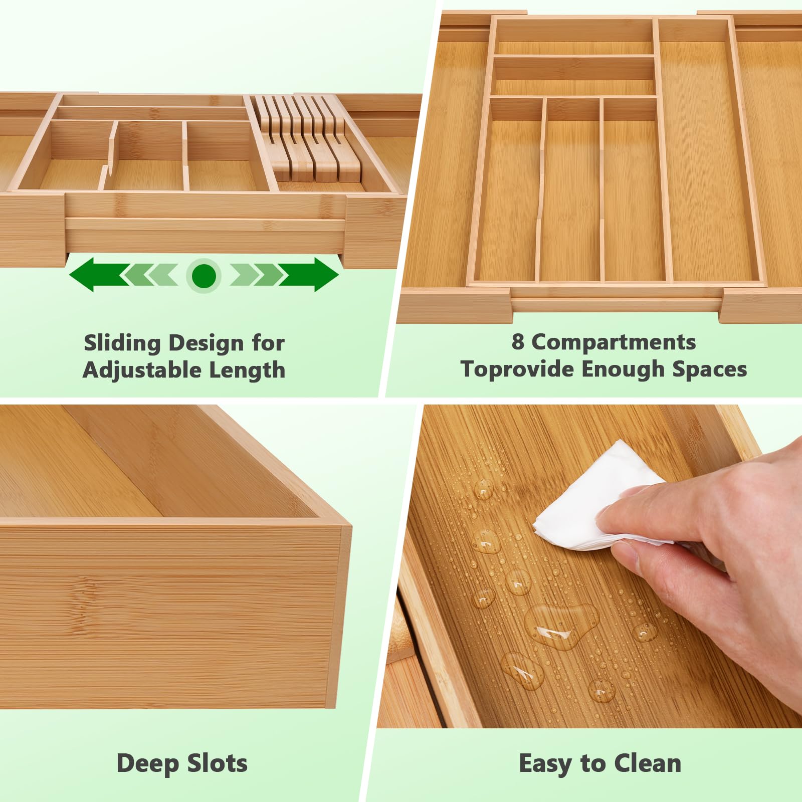 Csoravist 9-Piece Bamboo Kitchen Drawer Organizer Set, Expandable Silverware &Utensil Organizer with Removable Knife Block & Steak Knives, Flatware Organization, Tableware Dividers Storage(Natural)