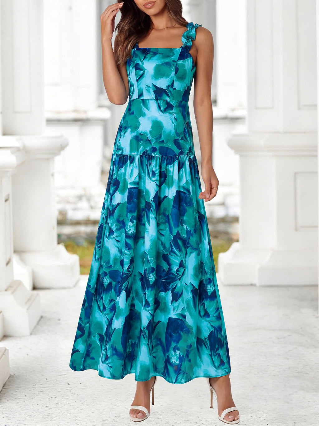BTFBM Dresses for Women Summer 2026 Formal Sleeveless Smocked Floral Long Wedding Guest Dress Party Spring (Floral Lake Blue,Medium)