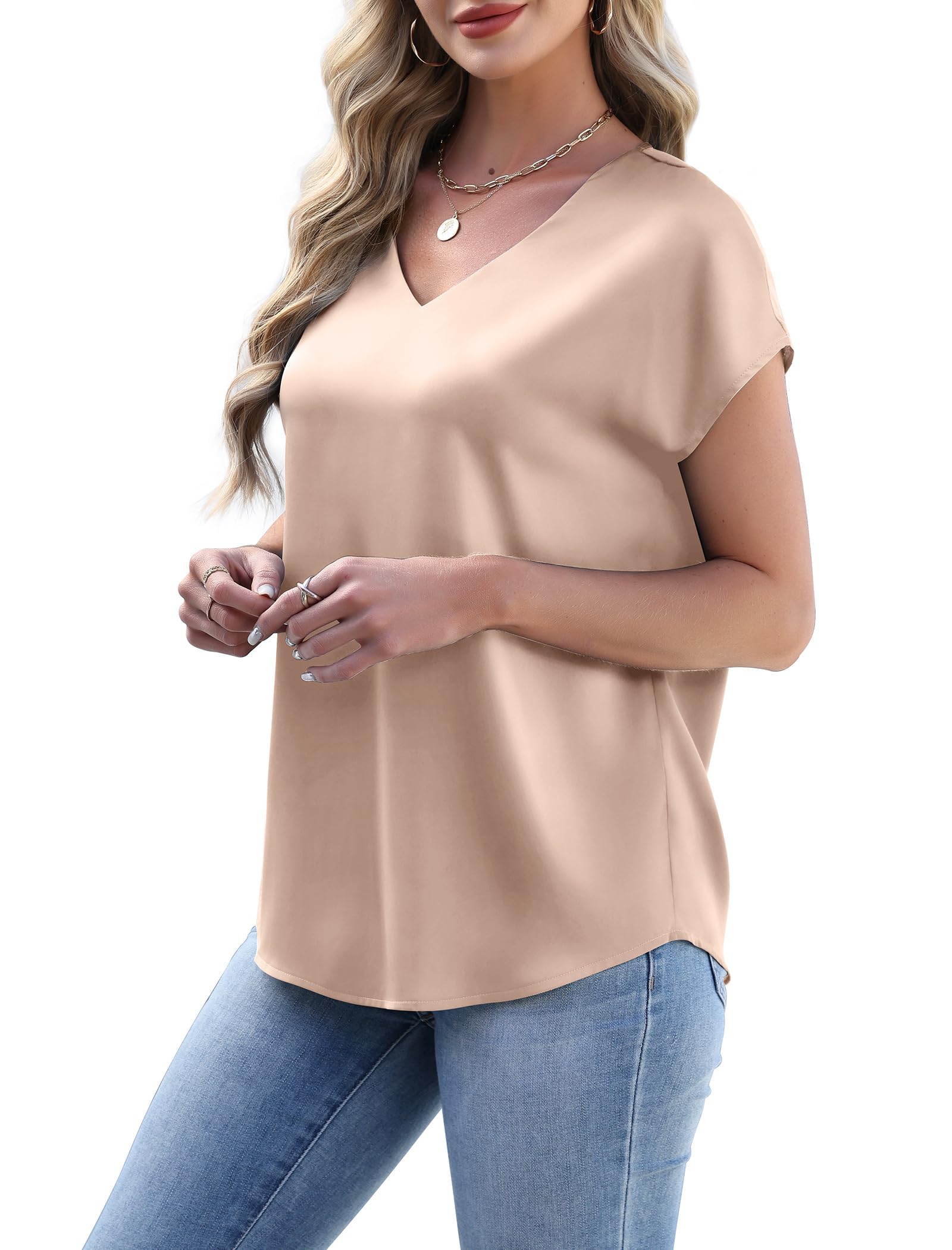 Summer Tops for Women Business Casual Outfits Spring Blouses Short Sleeve Tops V Neck T Shirts Satin Silk Blouse Professional Work Clothes Office Wear 2026 Fashion Clothing Begie S