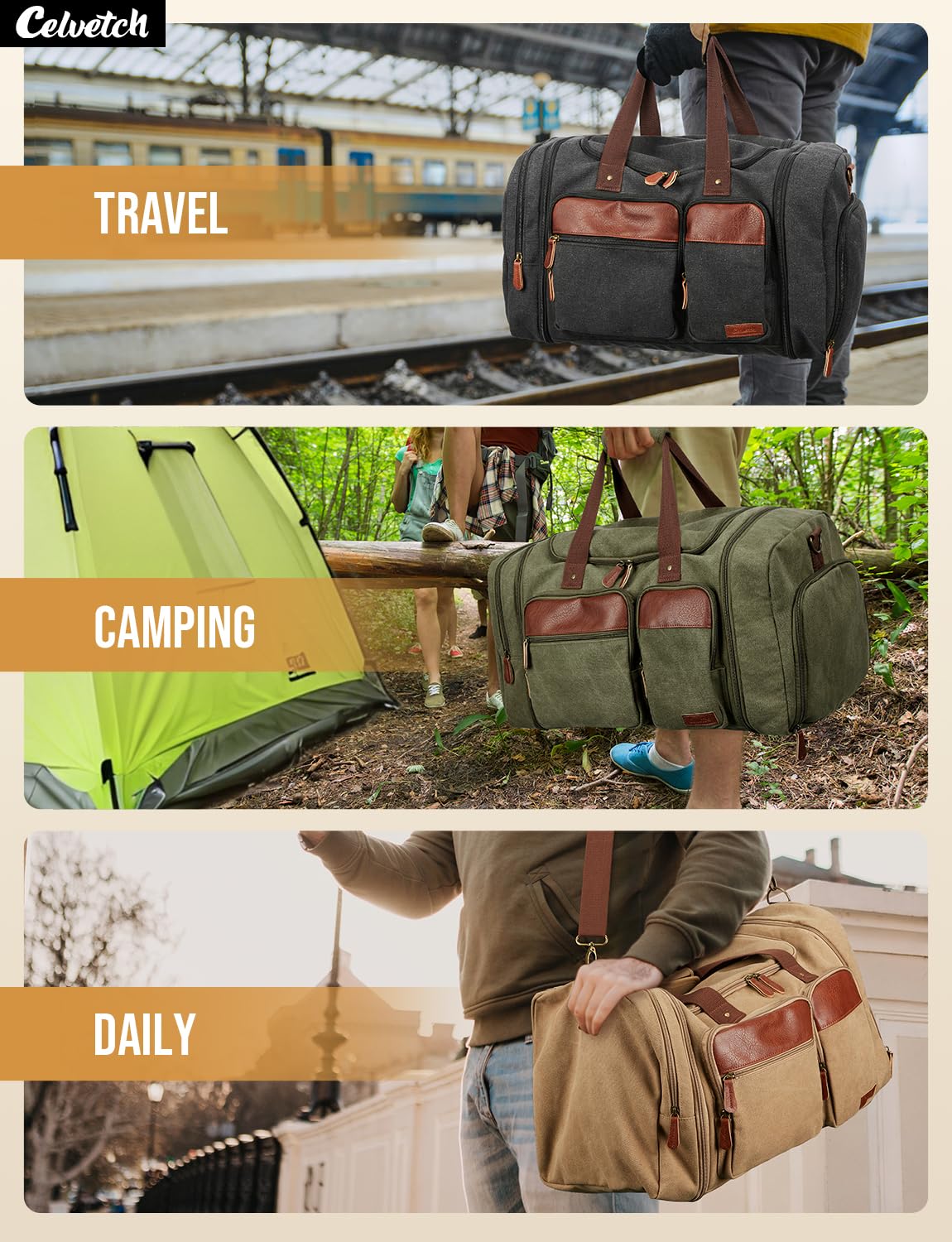 Celvetch Canvas Duffle Bag for Travel 50L Expandable Travel Duffel Bags for Men Women Overnight Weekend Gym Bag with Shoes Compartment - Army Green