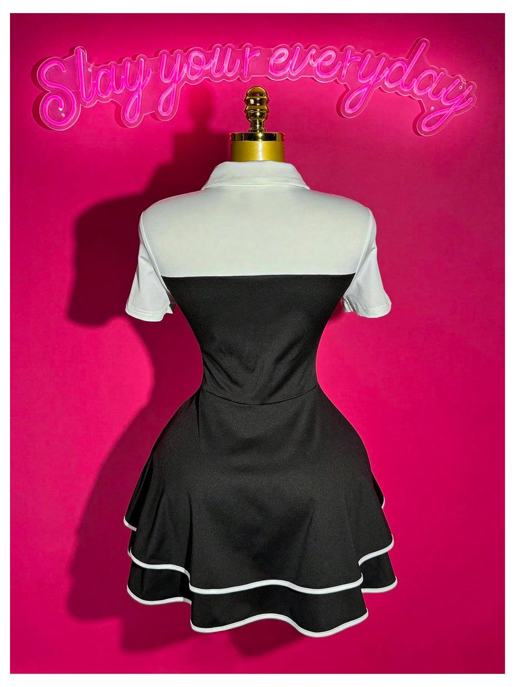 WDIRARA Women's Collared Button Up Short Sleeve Dress Pearl Tie Ruffle Layered Flowy Preppy Dresses Black Large