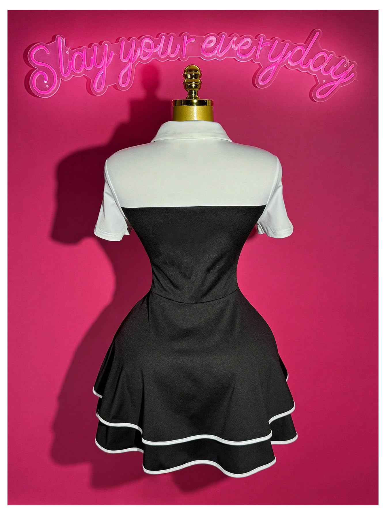 WDIRARA Women's Collared Button Up Short Sleeve Dress Pearl Tie Ruffle Layered Flowy Preppy Dresses Black Large