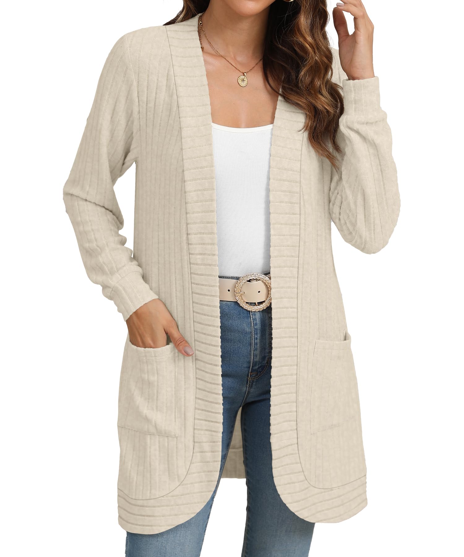 YSYOKOW Women Long Sleeve Open Front Cardigan Casual Lightweight Long Cardigans Loose Knit Outwear with Pockets(Beige, X-Large)