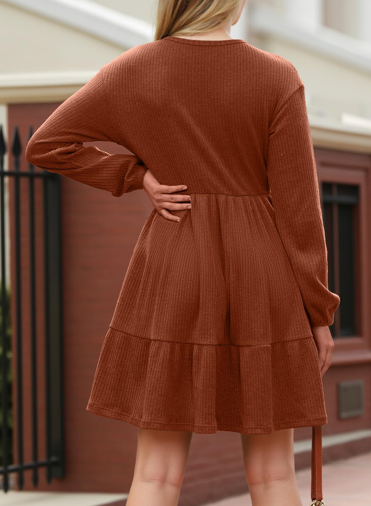 Dokotoo Wedding Guest Dresses for Women Long Sleeve V Neck Ribbed Knit Empire Waist Ruffle Tiered Casual Flowy A Line Swing Mini Holiday Party Dress Sprng Summer Outfits Fashion 2026 Brown Large