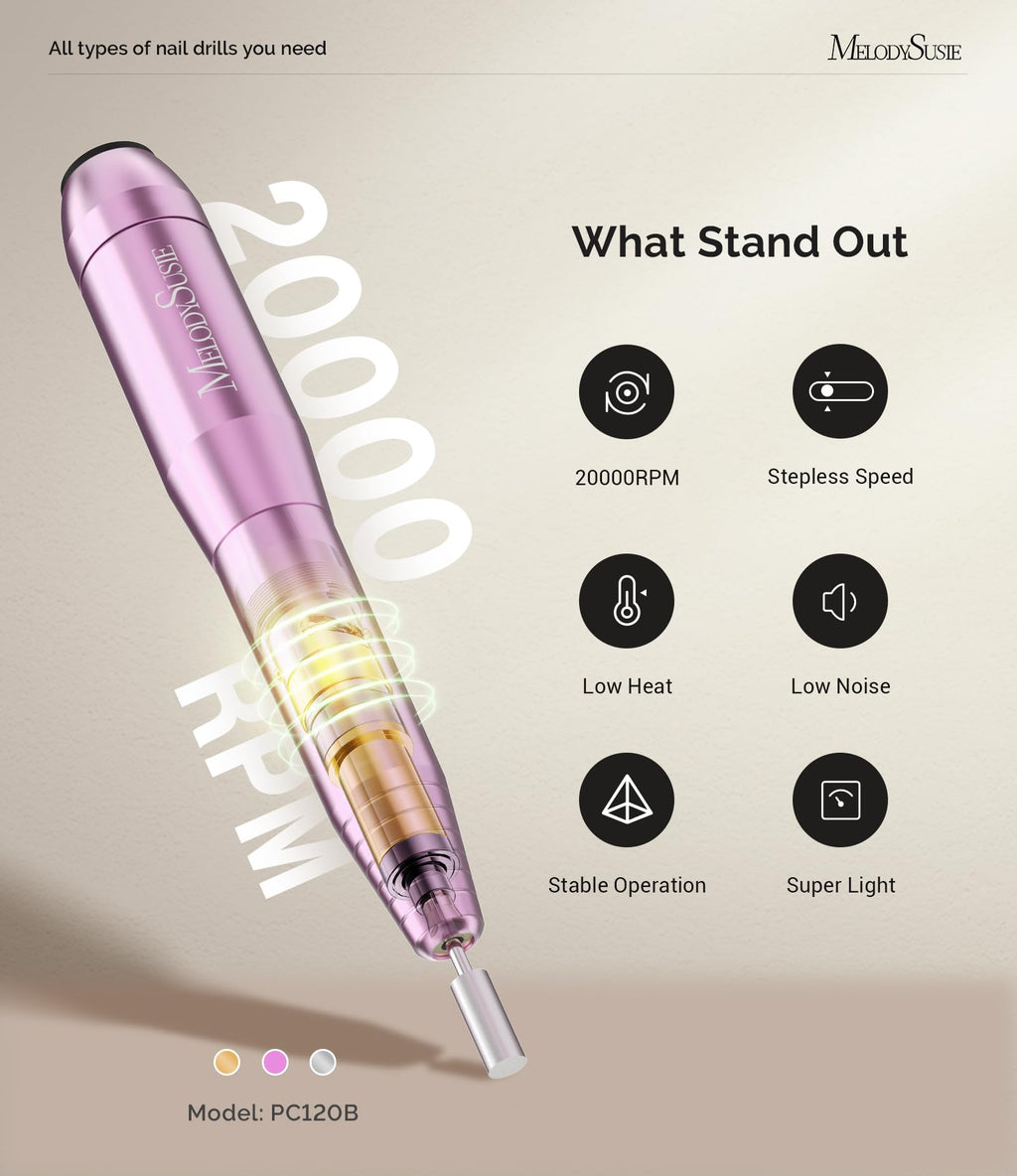 MelodySusie Pen-Shaped Portable Nail Drill with AC Adapter, PC120B 20000RPM Electric File with Compact Design for All Nail Care, Manicure Polishing, Shaping & Gel Removal at Home for Beginners