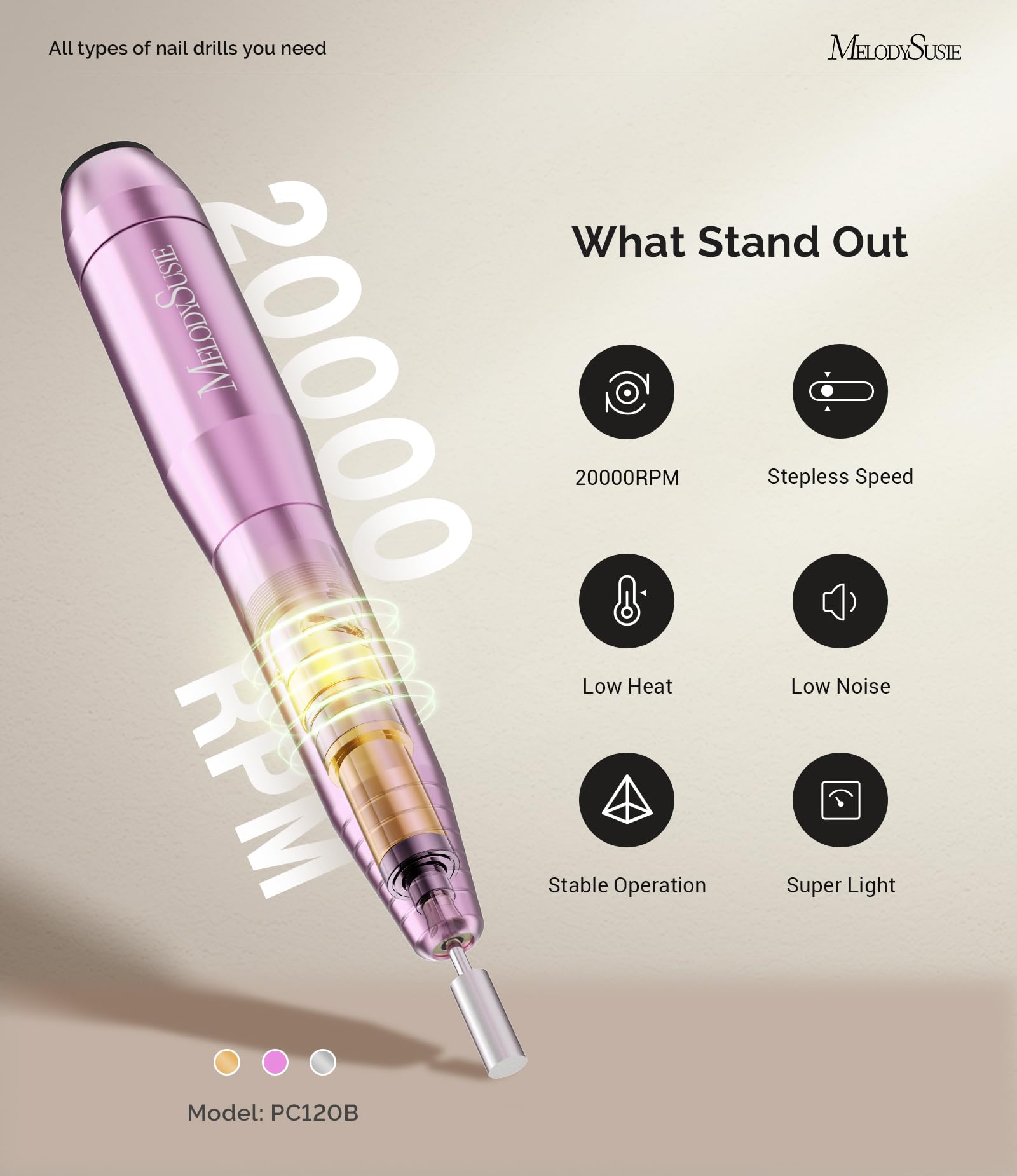 MelodySusie Pen-Shaped Portable Nail Drill with AC Adapter, PC120B 20000RPM Electric File with Compact Design for All Nail Care, Manicure Polishing, Shaping & Gel Removal at Home for Beginners