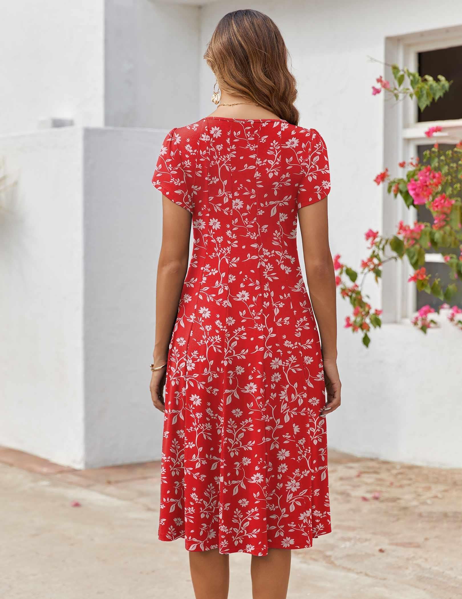 Zeagoo Floral Summer Dress for Women Cotton Shirt Dresses Midi Length Flowy Boho Beach Sundress Vocation Sun Dress, Red Floral,XXL