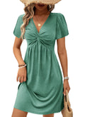 Acelitt Women's Casual Fashion 2026 Summer Twist Front V Neck Short Sleeve Mini Dress High Waisted A Line Ruffle Dresses Sundresses Green Medium