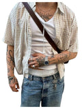 GORGLITTER Men's Cropped Button Down Shirt Plaid Y2k Short Sleeve Pocket Patched Gingham Collar Tops Streetwear White and Brown Small
