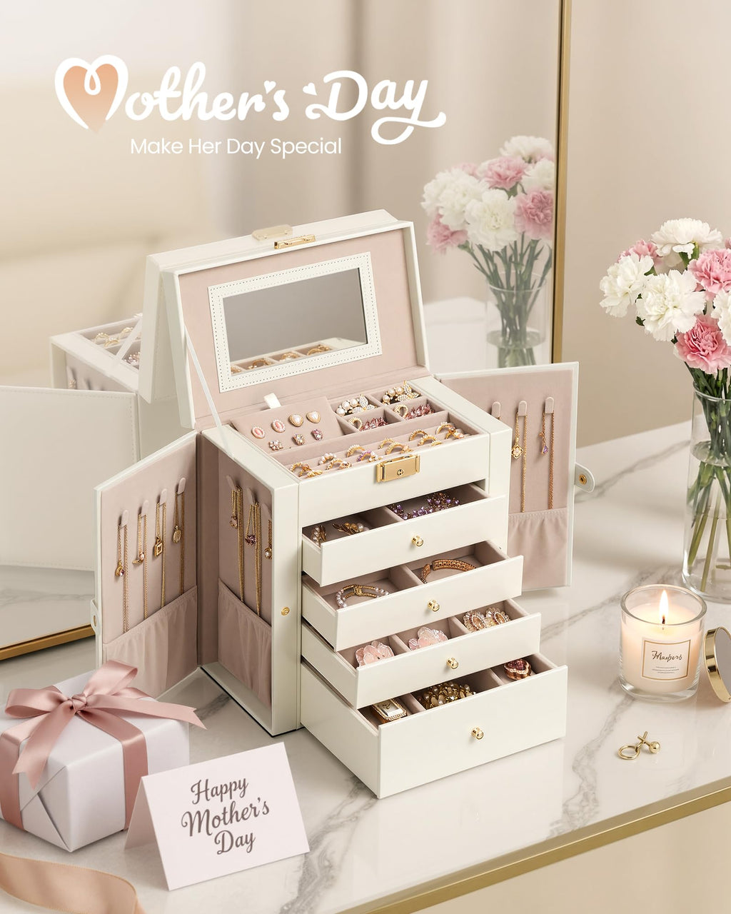SONGMICS 5-Layer Jewelry Box Organizer with 4 Drawers, Jewelry Storage Case with Lock and Mirror, Large Storage Capacity, Gift for Loved Ones, for Necklaces, Watches, Cream White UJBC153WD01S