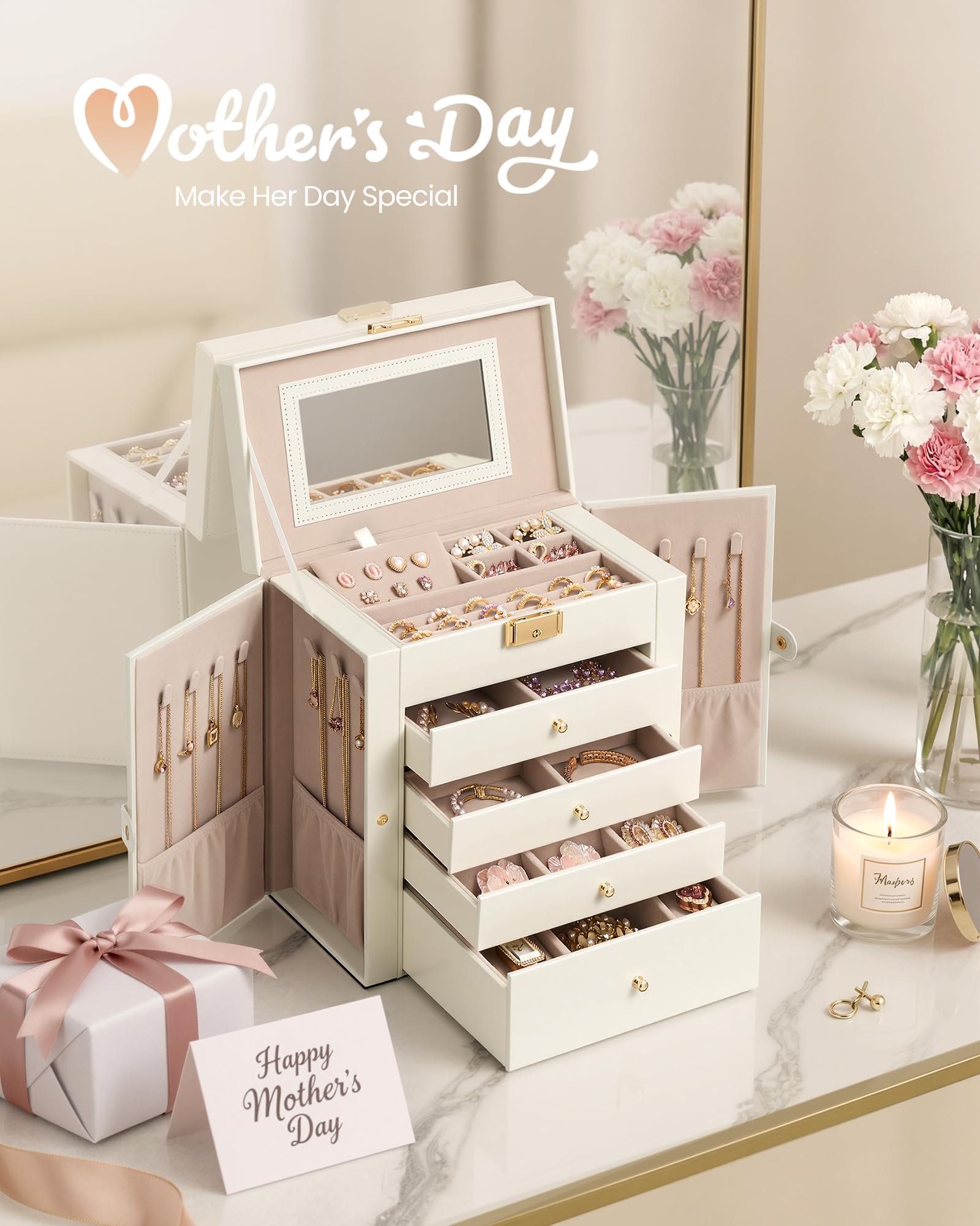 SONGMICS 5-Layer Jewelry Box Organizer with 4 Drawers, Jewelry Storage Case with Lock and Mirror, Large Storage Capacity, Gift for Loved Ones, for Necklaces, Watches, Cream White UJBC153WD01S