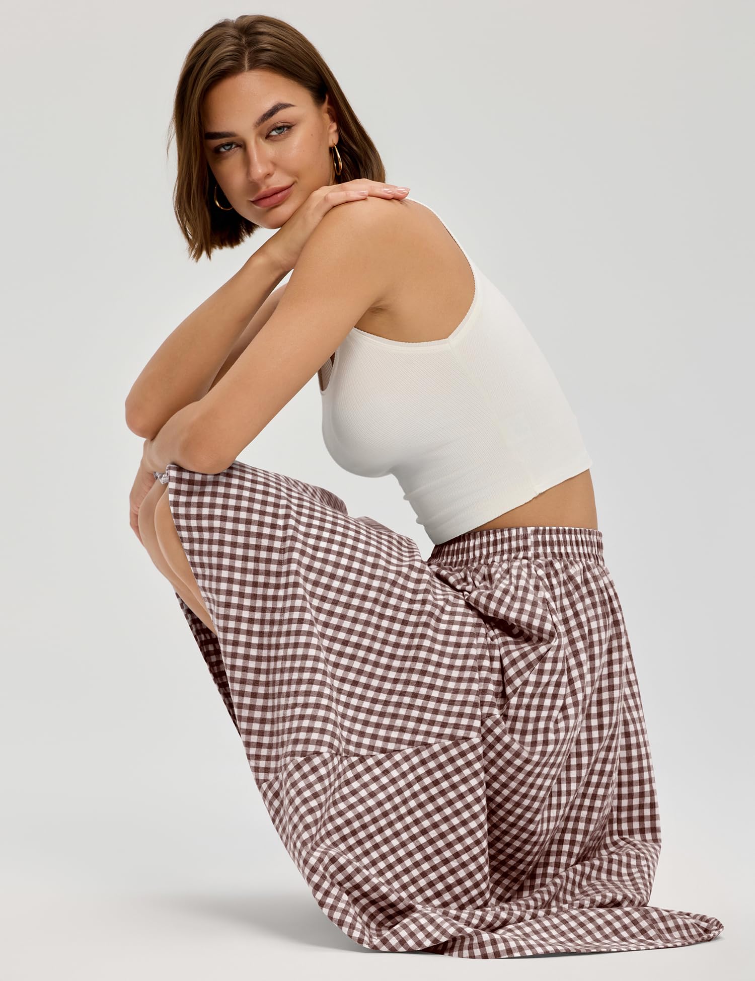 LOMON Midi Skirts for Women A-Line Cotton Flowy Summer Skirt with Pockets Elastic High Waist Boho Beach Vacation Casual Maxi Skirt (Coffee Plaid, M)