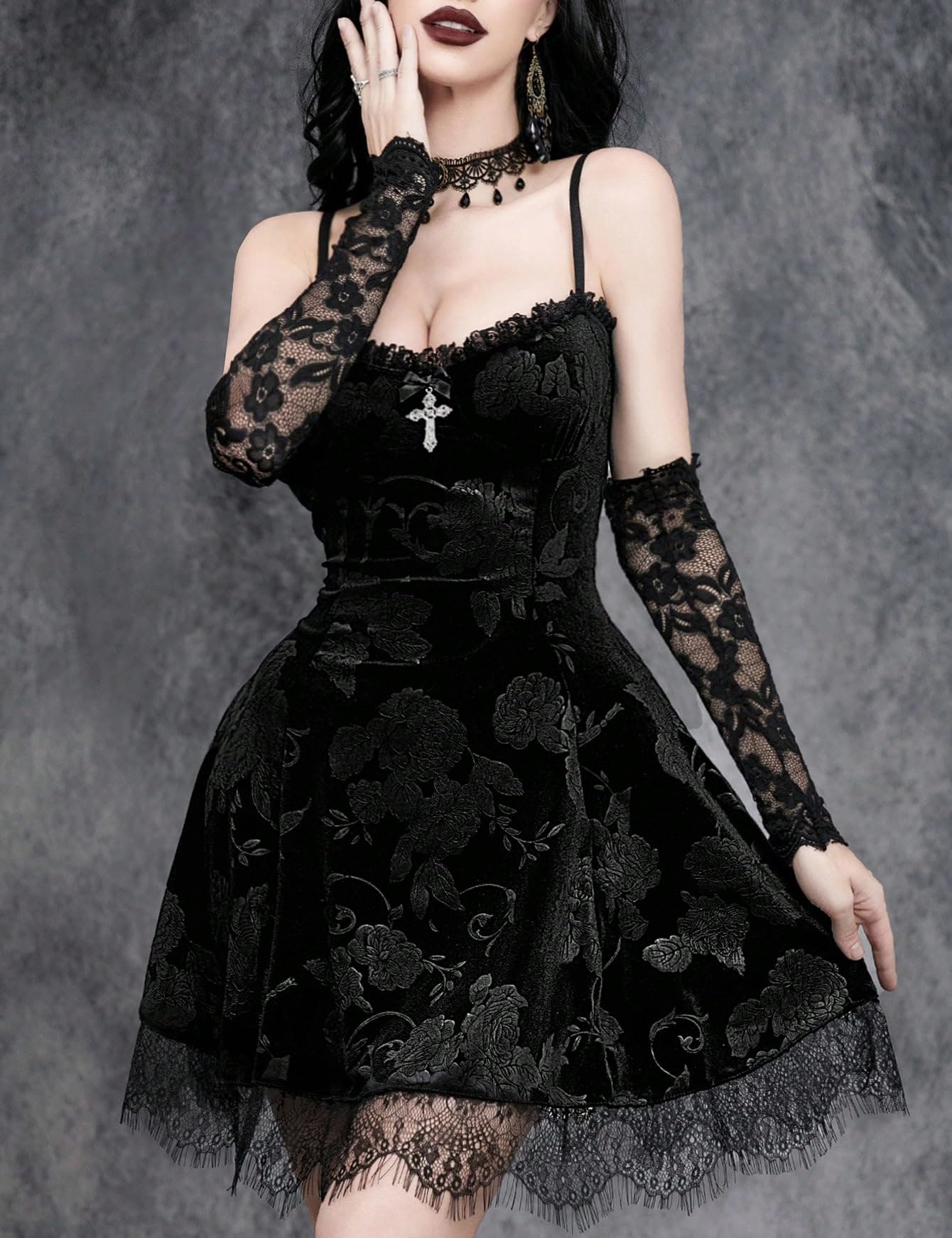 InGoticos Women Gothic Sexy Mini Lace Patchwork Cross Velvet Slip Goth Dress Without Choker for Halloween Black