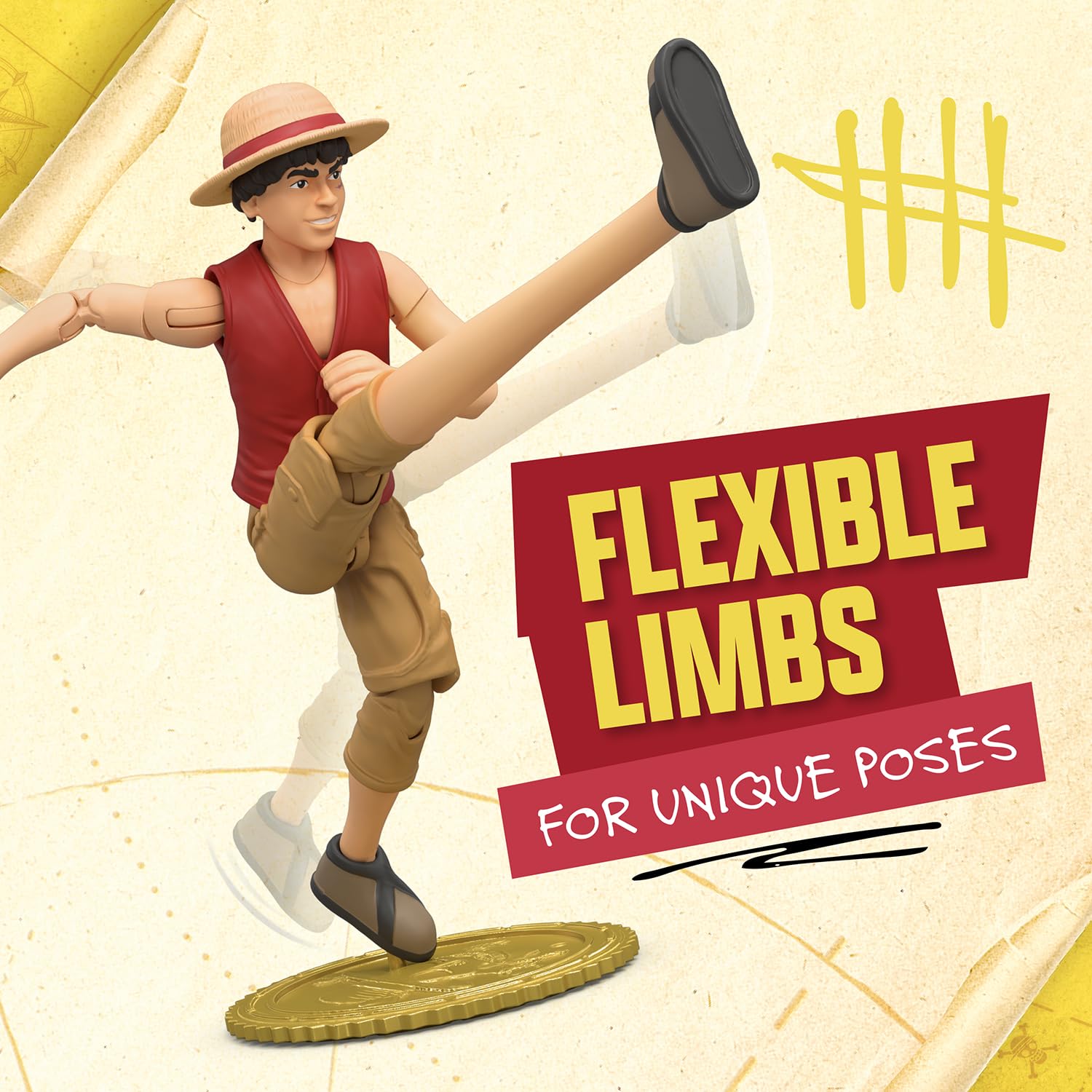 One Piece Monkey D. Luffy 6″ (15 cm) Action Figure with 6 Accessories. Includes Swappable Arms and Legs, Wanted Poster, and Berry Coin Display Base