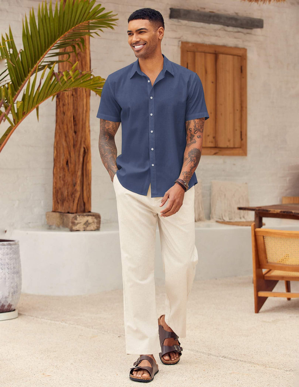 COOFANDY Men's Linen Short Sleeve Outfit Spring Shirt Lightweight Vacation Shirt Navy Blue