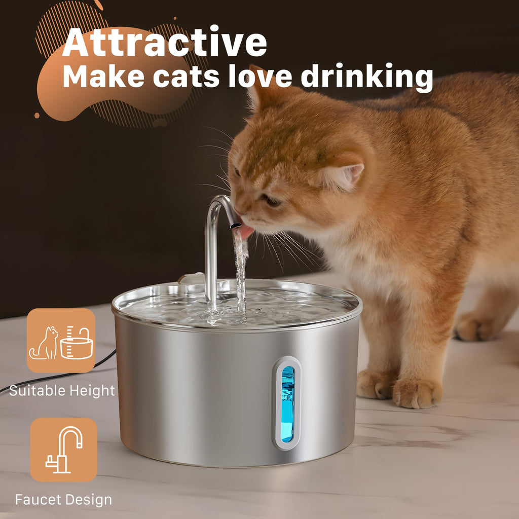 Cat Water Fountain Stainless Steel: 2.2 L Cat Fountain for Drinking - Automatic Pet Water Fountain for Cats Inside - Metal Cat Dog Water Dispenser Bowl with Faucet Water Level Window Ultra Quiet Pump