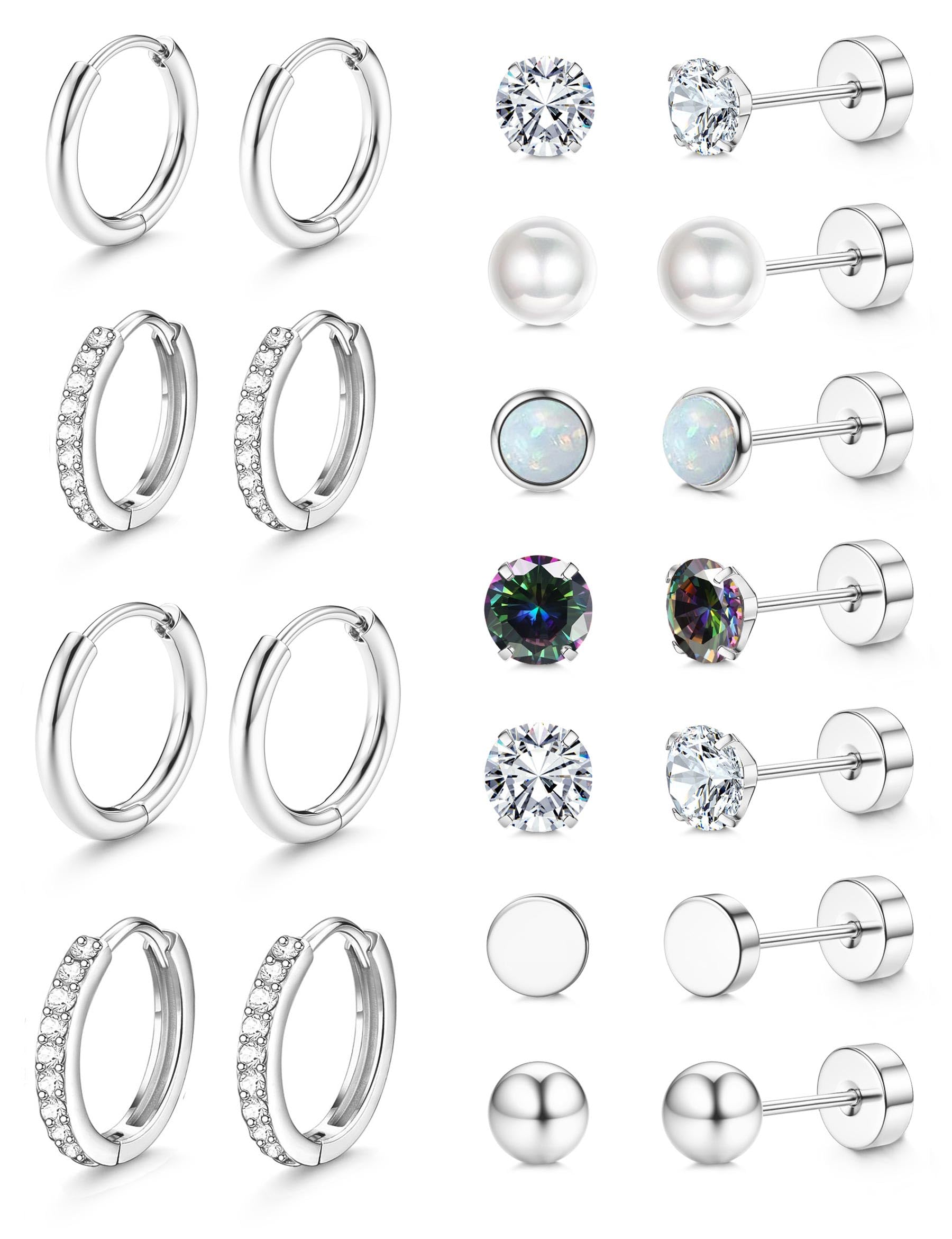 Jstyle Hypoallergenic Silver Stud Hoop Earrings for Women Small Flat Back Surgical Stainless Steel Earrings for Sensitive Ears Trendy Silver Hoops Cartilage Earring Stack Set Multiple Piercing Jewelry