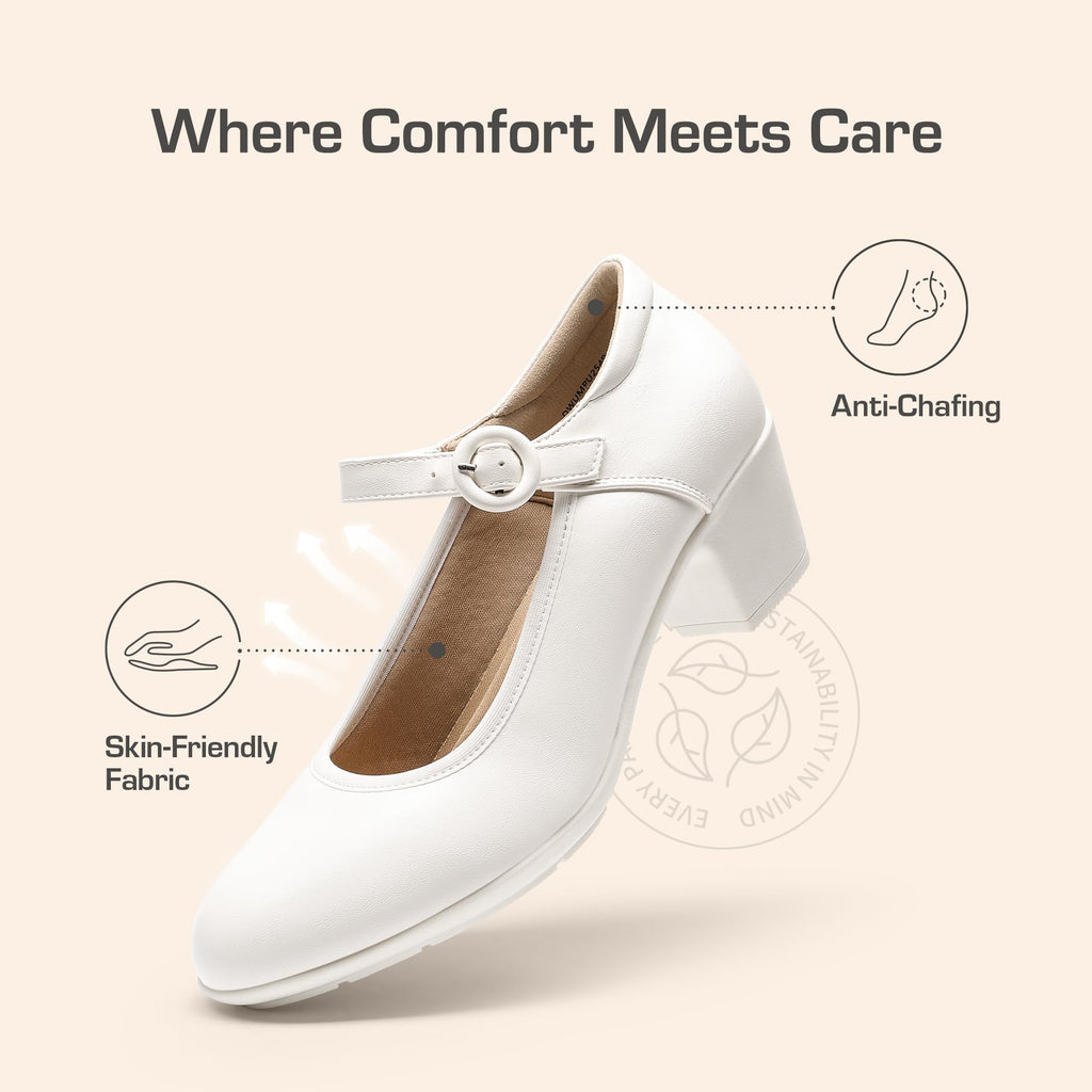 DREAM PAIRS Mary Jane Shoes Women Low Chunky Heels Closed Toe Pumps Comfortable Work Business Dress Shoes,Size 7.5,White,DWUMPU2549