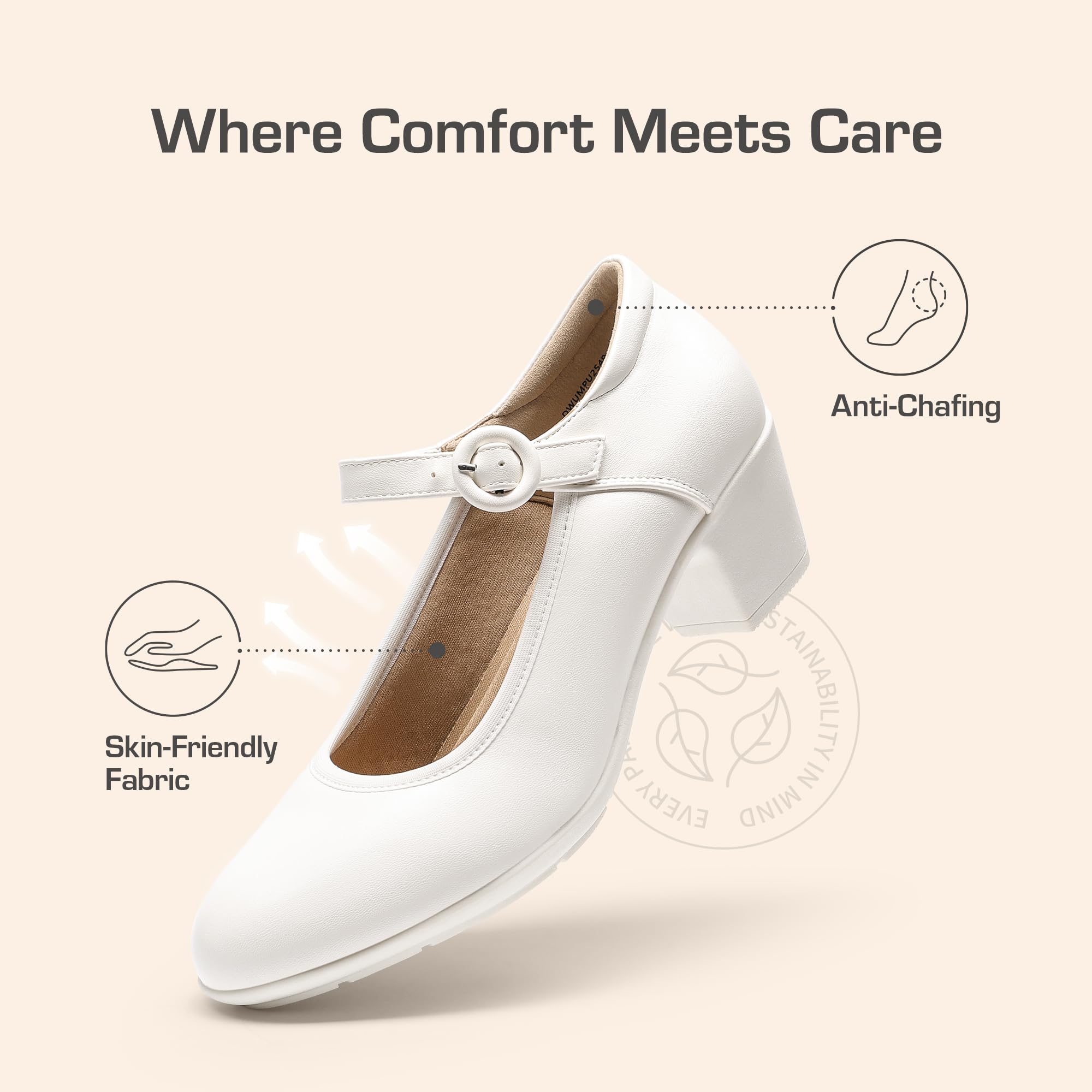 DREAM PAIRS Mary Jane Shoes Women Low Chunky Heels Closed Toe Pumps Comfortable Work Business Dress Shoes,Size 7.5,White,DWUMPU2549