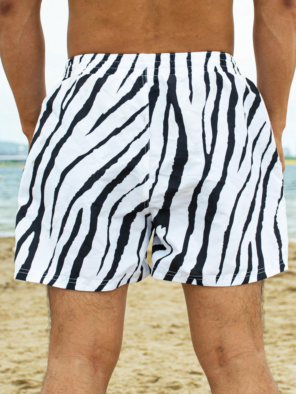 WDIRARA Men's Zebra Stripe Drawstring Waist Swim Trunks Beach Shorts Sports Running Bathing Suits with Mesh Lining Black and White Small