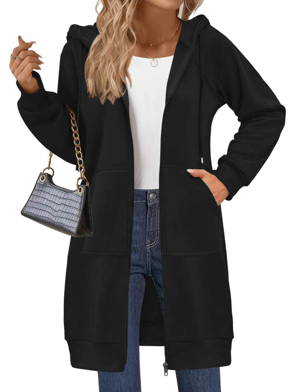 Zeagoo Women's Zip Up Hoodies Long Tunic Sweatshirts Long Sleeve Oversized Fleece Casual 2026 Fall Jacket Coat with Pocket Black XXL