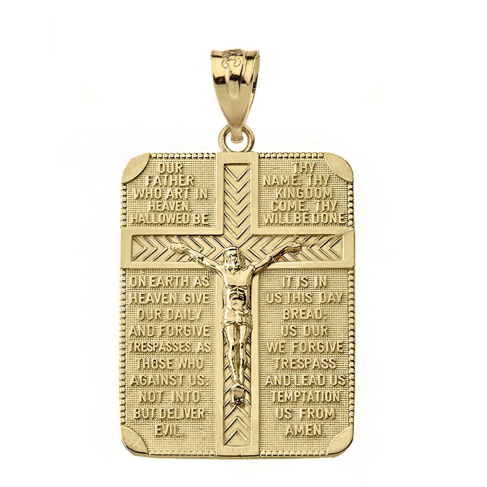 Solid 10k Gold Religious Lord's Prayer and Crucifix Cross Rectangular Tag Pendant