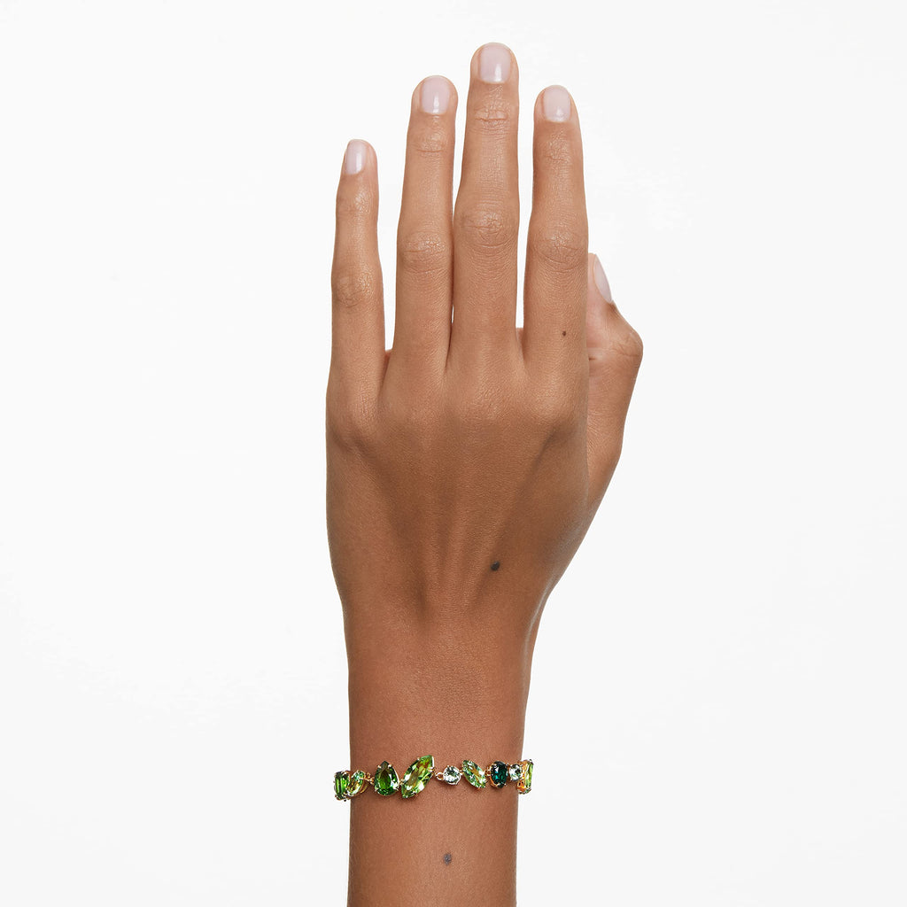 Swarovski Gema Soft Bracelet, Green Crystals, Mixed Cuts, on Gold-Tone Finished Band, Part of the Swarovski Gema Collection