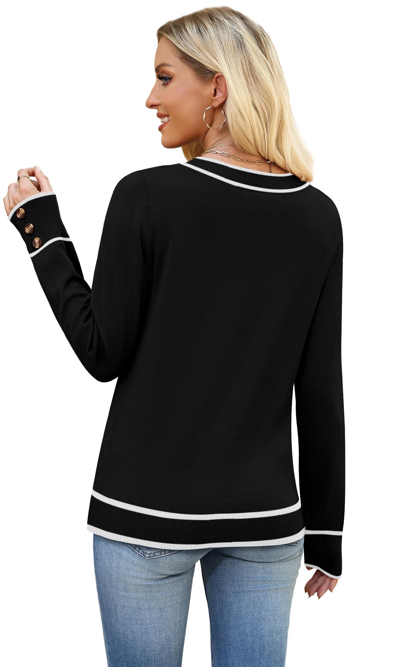 WIHOLL Sweaters for Women Cozy Fall Fashion 2026 Winter Clothing V Neck Pullover Cashmere Sweaters Ladies Tops Blouses Dressy Casual Spring Plus Size Clothes Color Block Black L