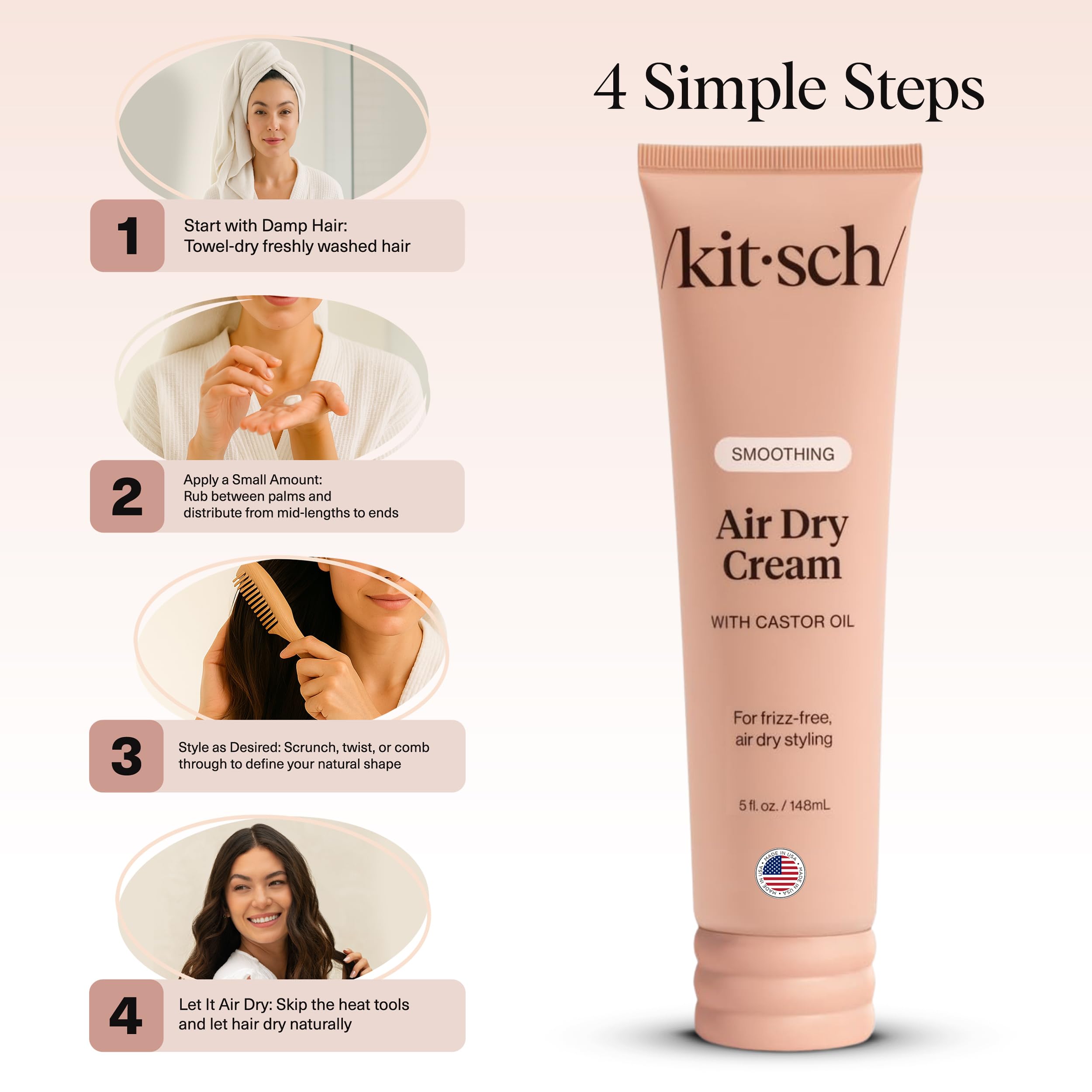 Kitsch Smoothing Air Dry Cream for Hair – Frizz Control Hair Care Product with Castor Oil & Coconut Oil – Weightless Styling Cream - Enhances Natural Texture Appearance | Ideal Gifts for Women – 5 oz