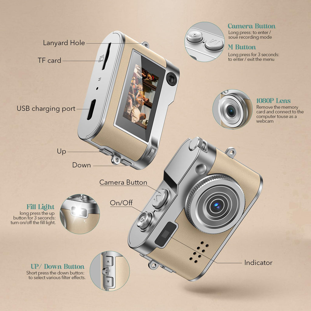 HOTU Mini Digital Camera, Keychain Camera 1080P HD with 2MP Lens, Flash, Video Recording, 32G Card Included, Portable and Compact Retro Vlog Camera for Travel, Kids, Beige