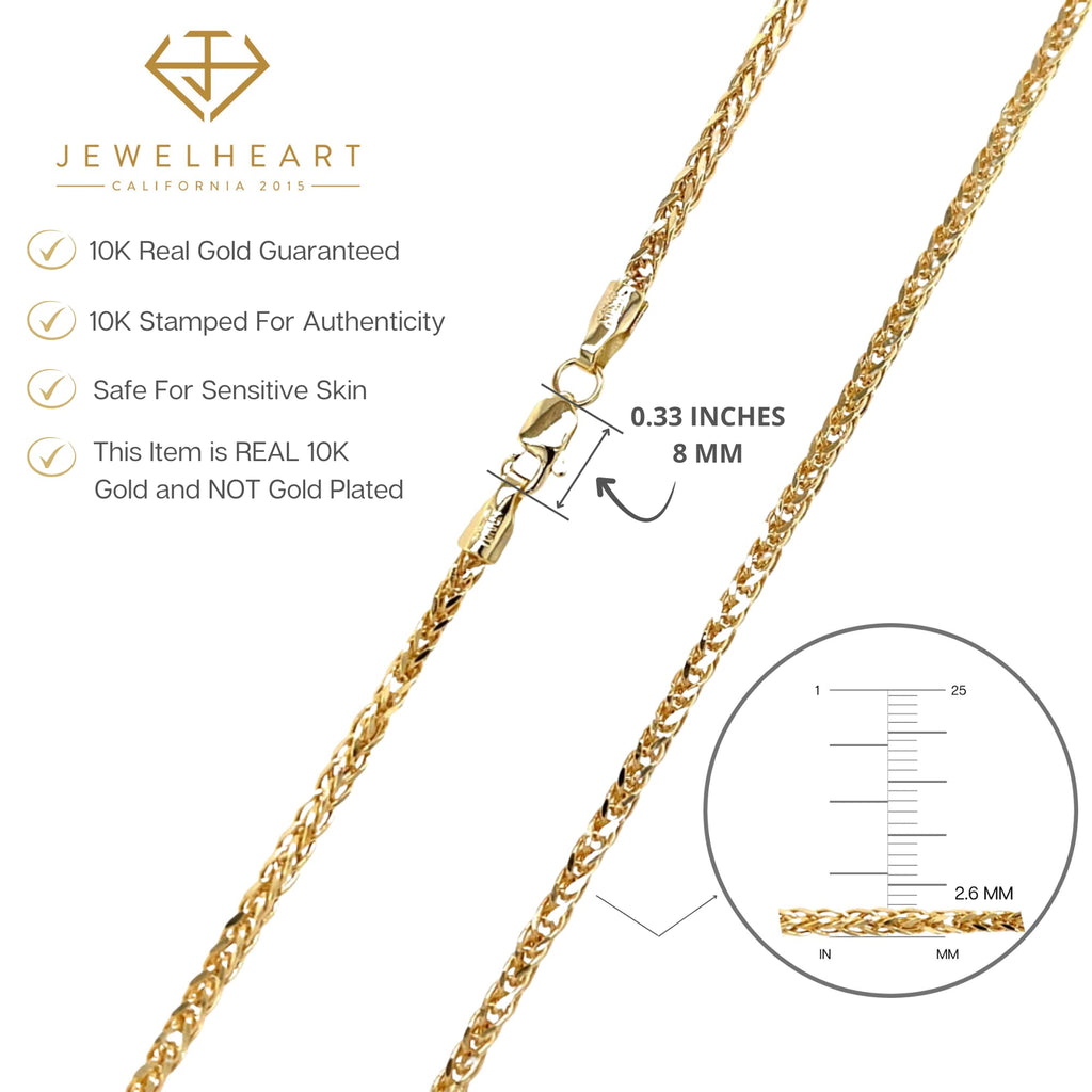JEWELHEART 10K Gold Square Wheat Chain Necklace - 2.6mm Braided Yellow Gold Necklace For Men Foxtail Gold Chain Diamond Cut Real Gold Necklaces For Women with Lobster Clasp 24"