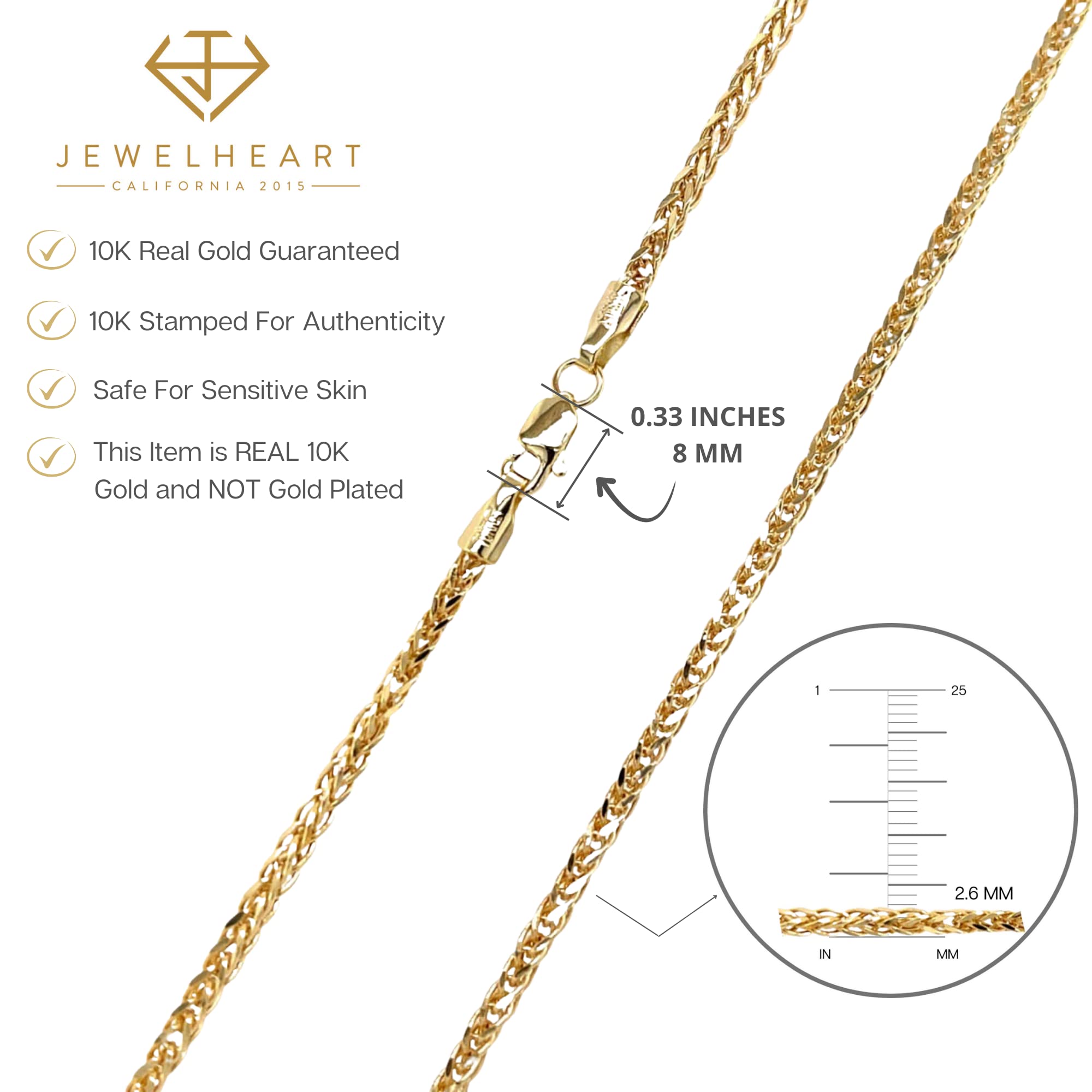 JEWELHEART 10K Gold Square Wheat Chain Necklace - 2.6mm Braided Yellow Gold Necklace For Men Foxtail Gold Chain Diamond Cut Real Gold Necklaces For Women with Lobster Clasp 24"