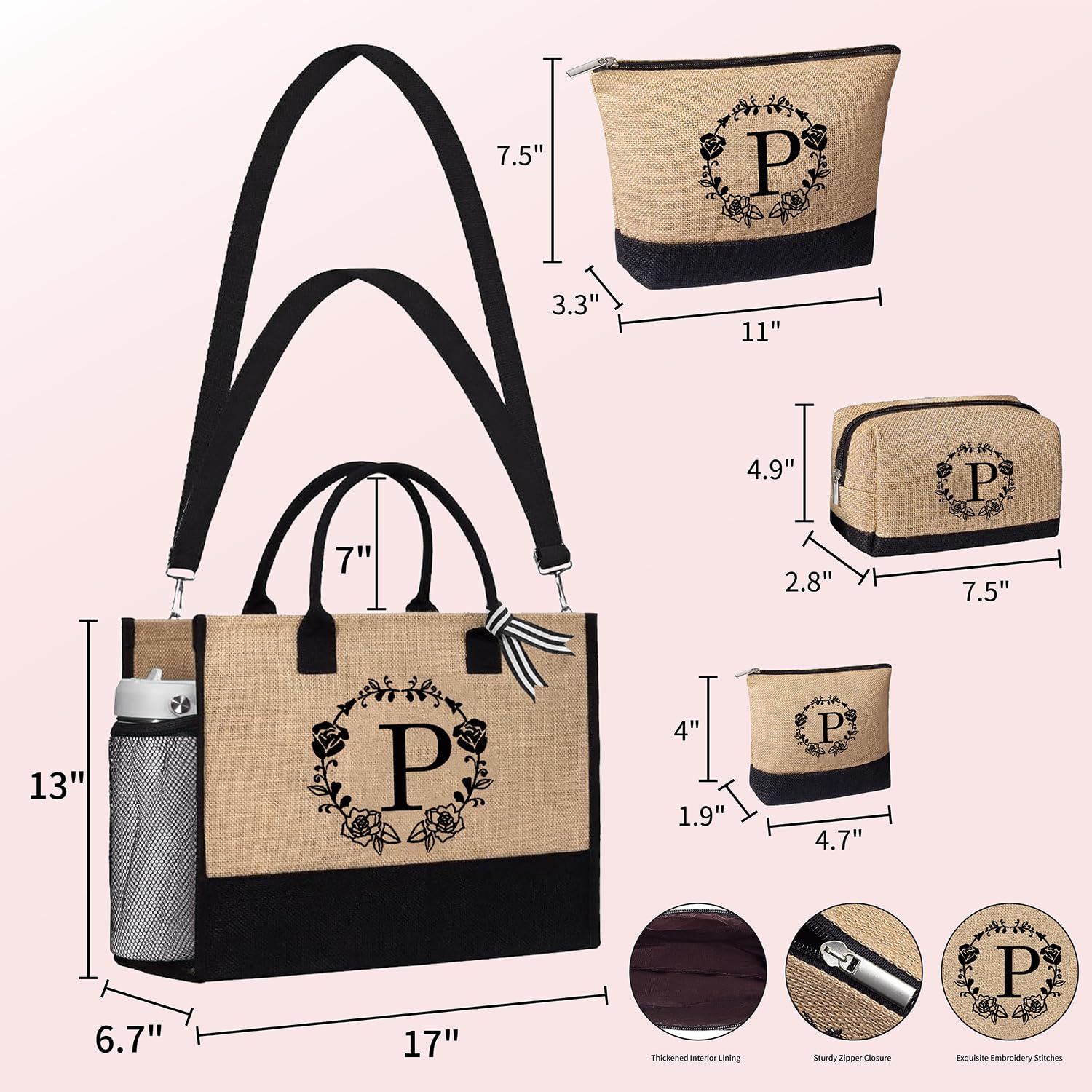 Initial Tote Bag & 3 Makeup Bags, Personalized Mothers Day Gifts for Women, Beach Tote Bag for women w/Zipper, Birthday Gifts for Women Mom Her Girlfriend Wife Sister Friend Daughter(S 4Pcs)