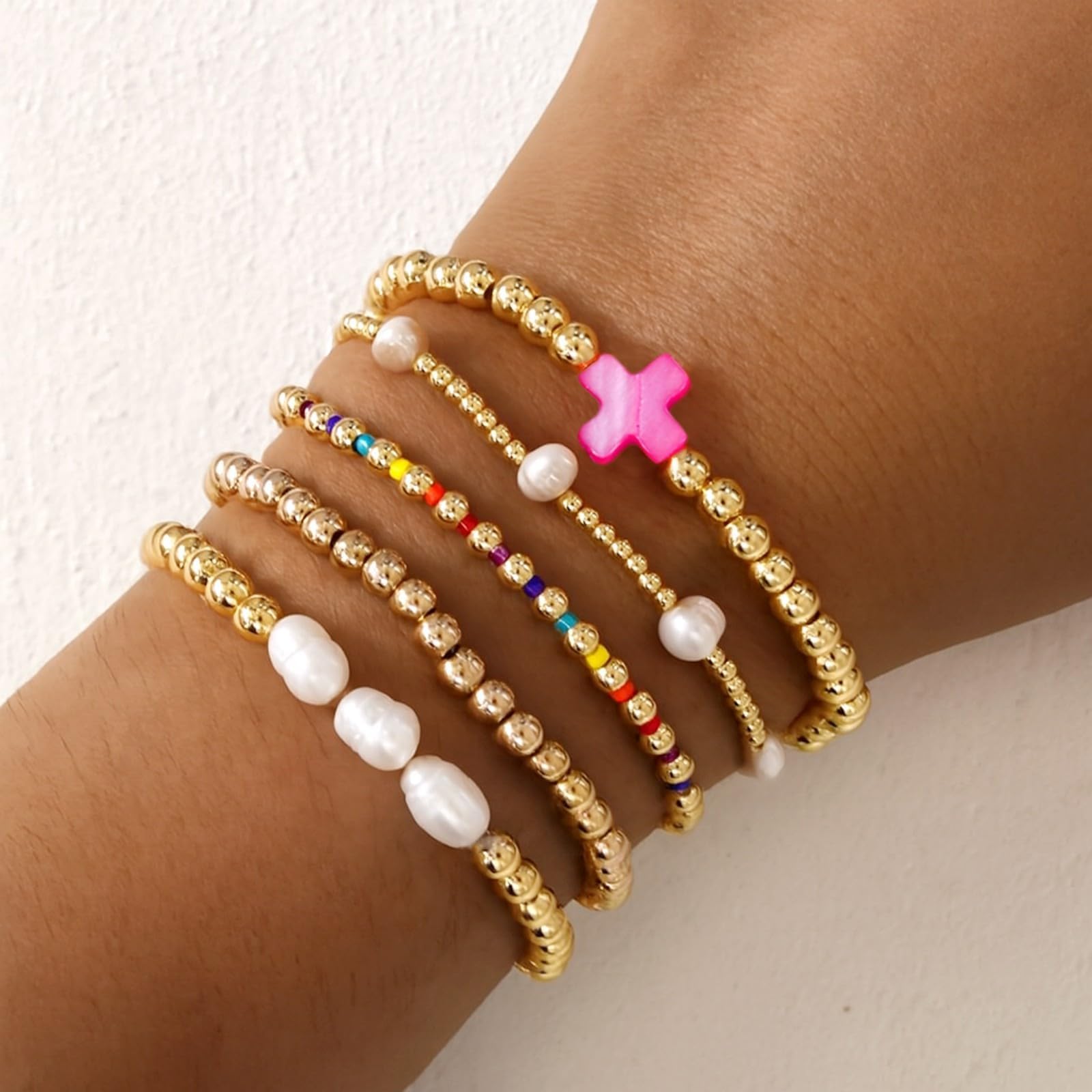 SHINUS BOHO 14K Gold Pearl Beaded Cross Bracelets Stack Set for Women,Stretch Pink Beads Ball Jewelry Friendship Summer Vacation Outfit Trendy Stocking Stuff Gift