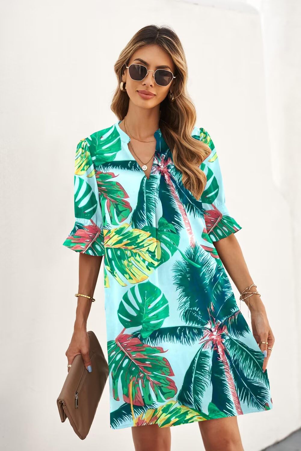 QACOHU Women's V-Neck Ruffle Short Sleeve Simple Summer New Dress Floral Print Shift Dresses Green Leaf L