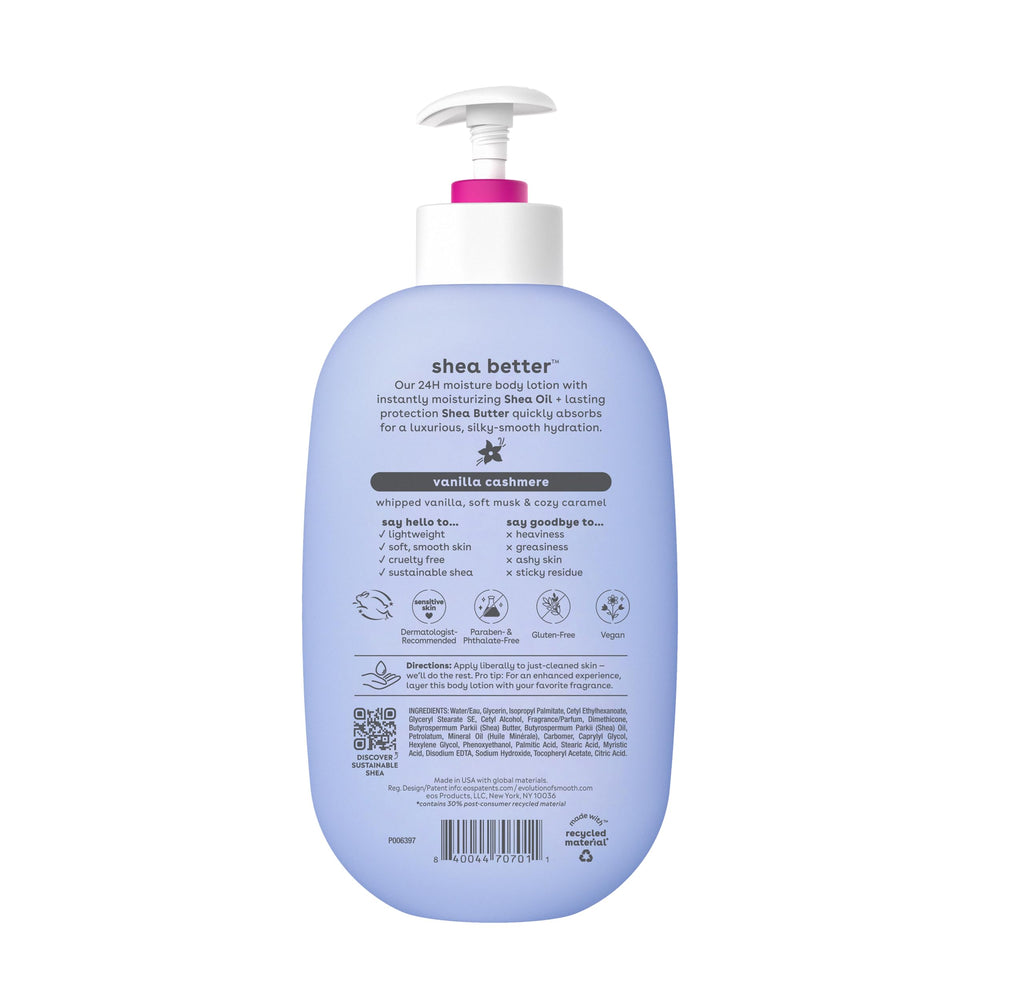 eos Shea Better Body Lotion Vanilla Cashmere, 24-Hour Moisture Skin Care, Lightweight & Non-Greasy, Natural Shea, Vegan, Vanilla Body Lotion, 16 fl oz