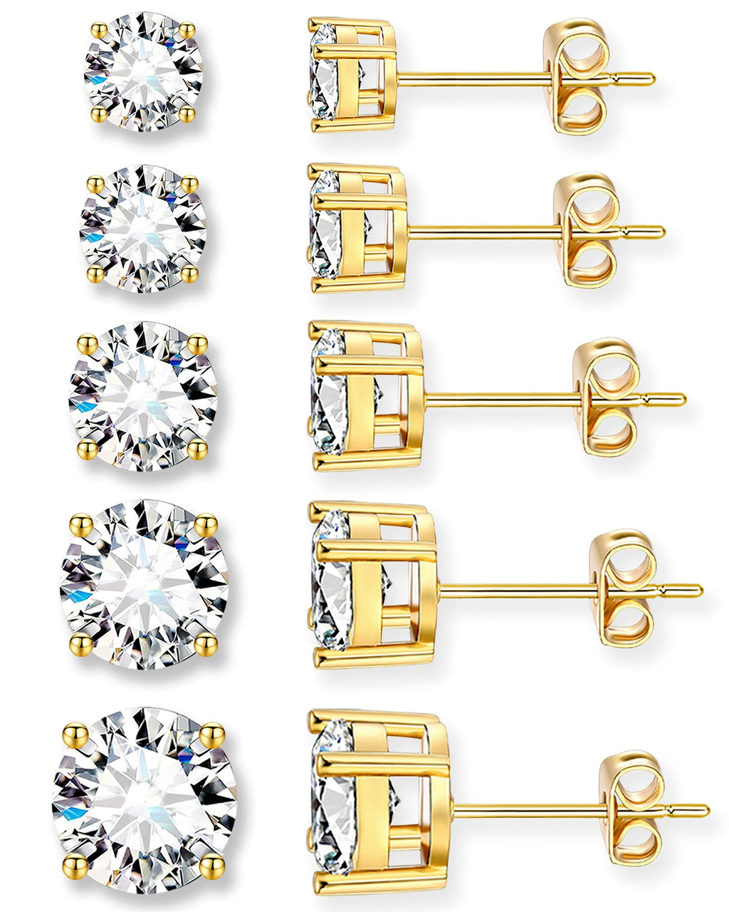 5 Pairs 14K Gold Plated Stud Earrings for Women, Hypoallergenic Earring Sets for Multiple Piercing, Premium Cubic Zirconia Studs Earrings for Women
