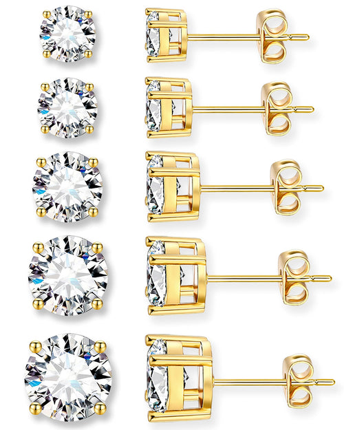 5 Pairs 14K Gold Plated Stud Earrings for Women, Hypoallergenic Earring Sets for Multiple Piercing, Premium Cubic Zirconia Studs Earrings for Women